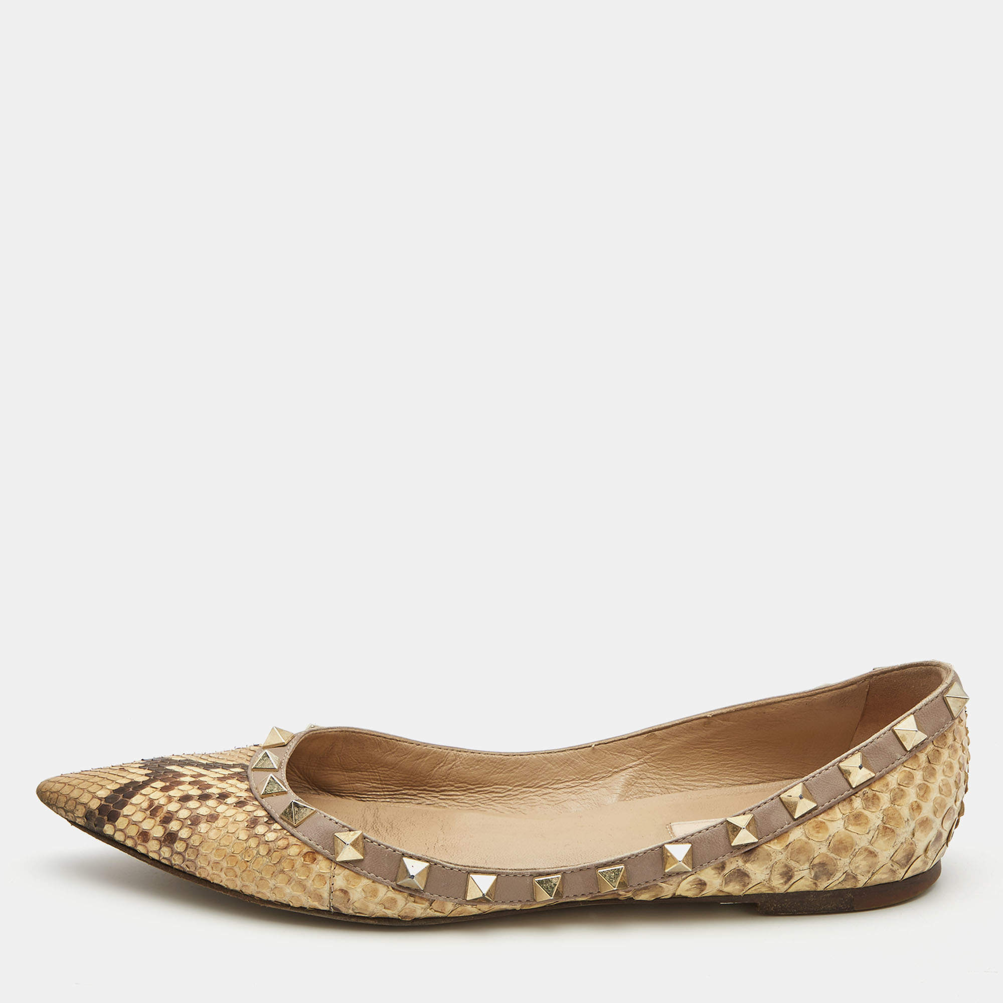Pre Owned Valentino Brown/Beige Python Rockstud Ballet Flats Size 38