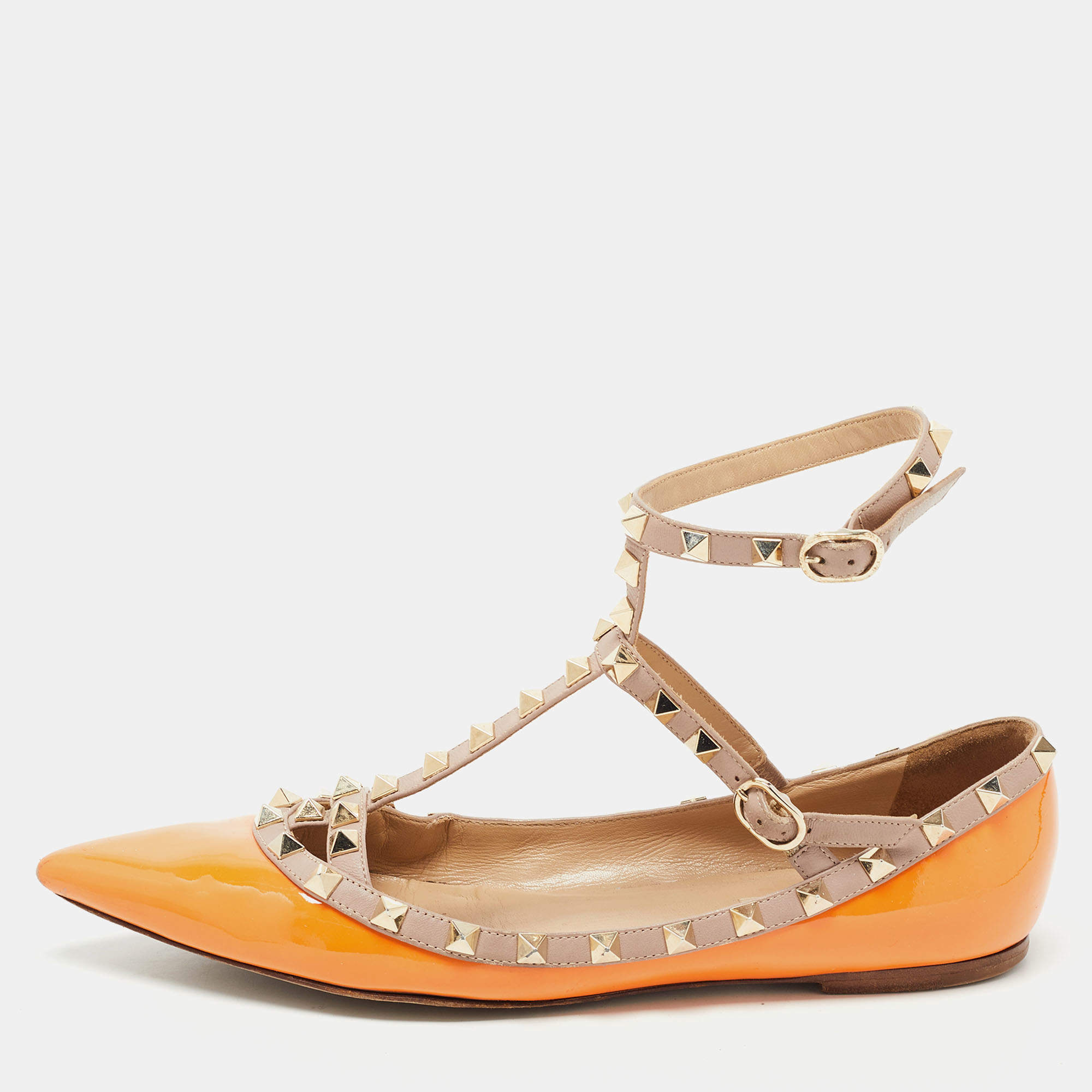 Pre Owned Valentino Orange Patent Leather Rockstud Ankle Strap Ballet Flats Size 39