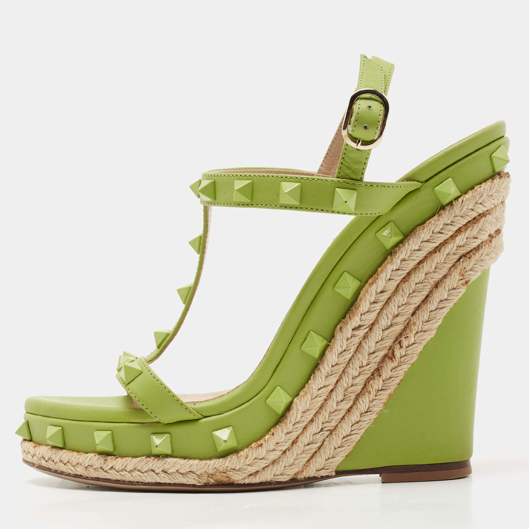 Pre Owned Valentino Green Leather Rockstud Wedge  Sandals Size 37