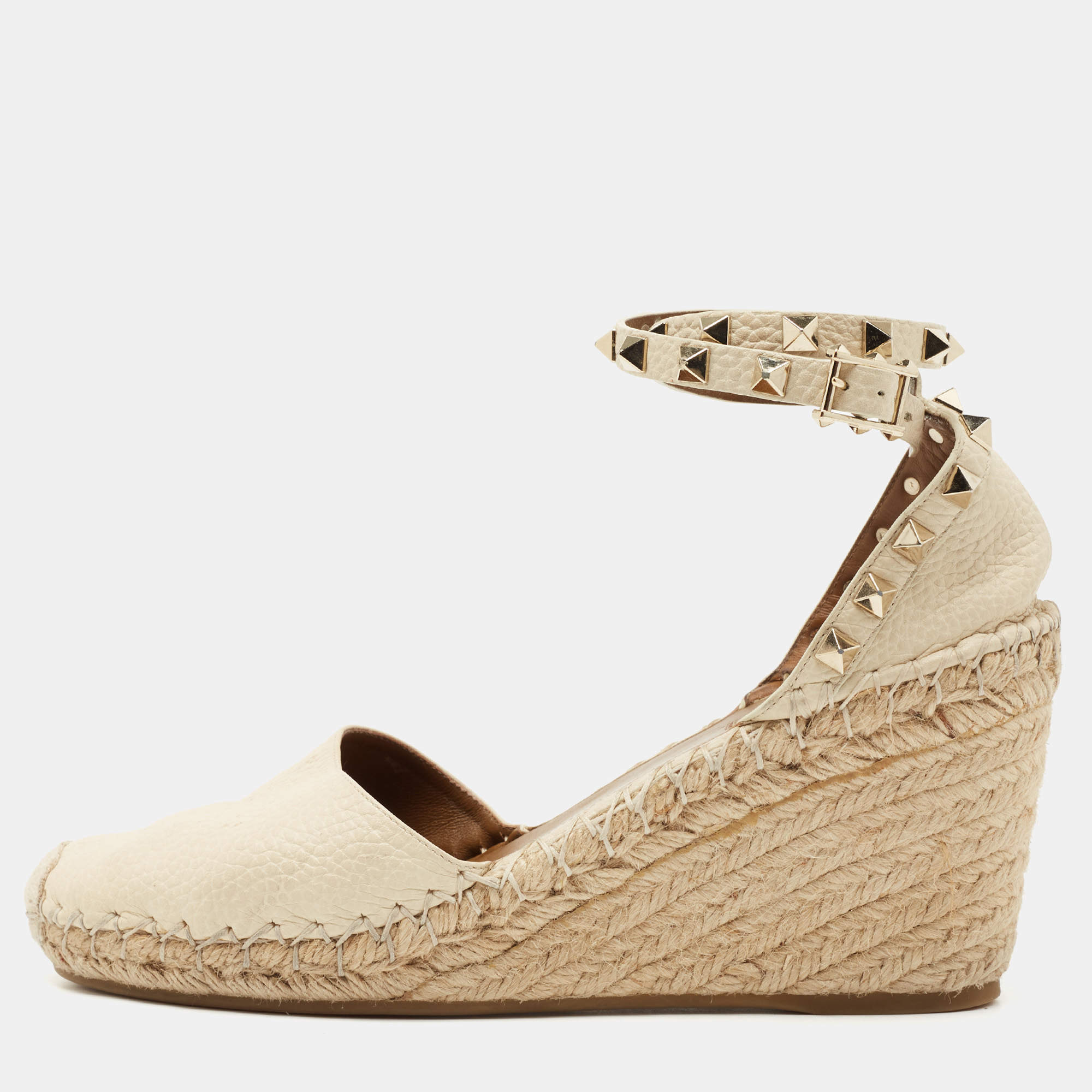 Pre Owned Valentino Cream Leather Rockstud Wedge Ankle Strap Sandals Size 39