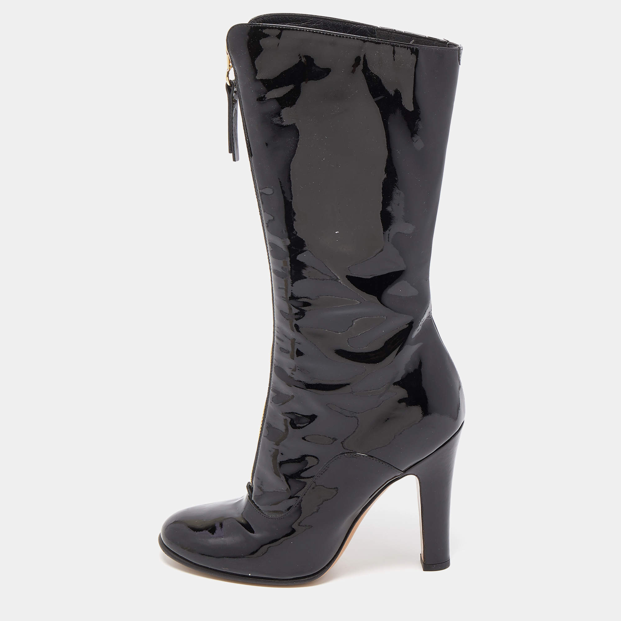 Pre Owned Valentino Black Patent Leather Knee Length Boots Size 38