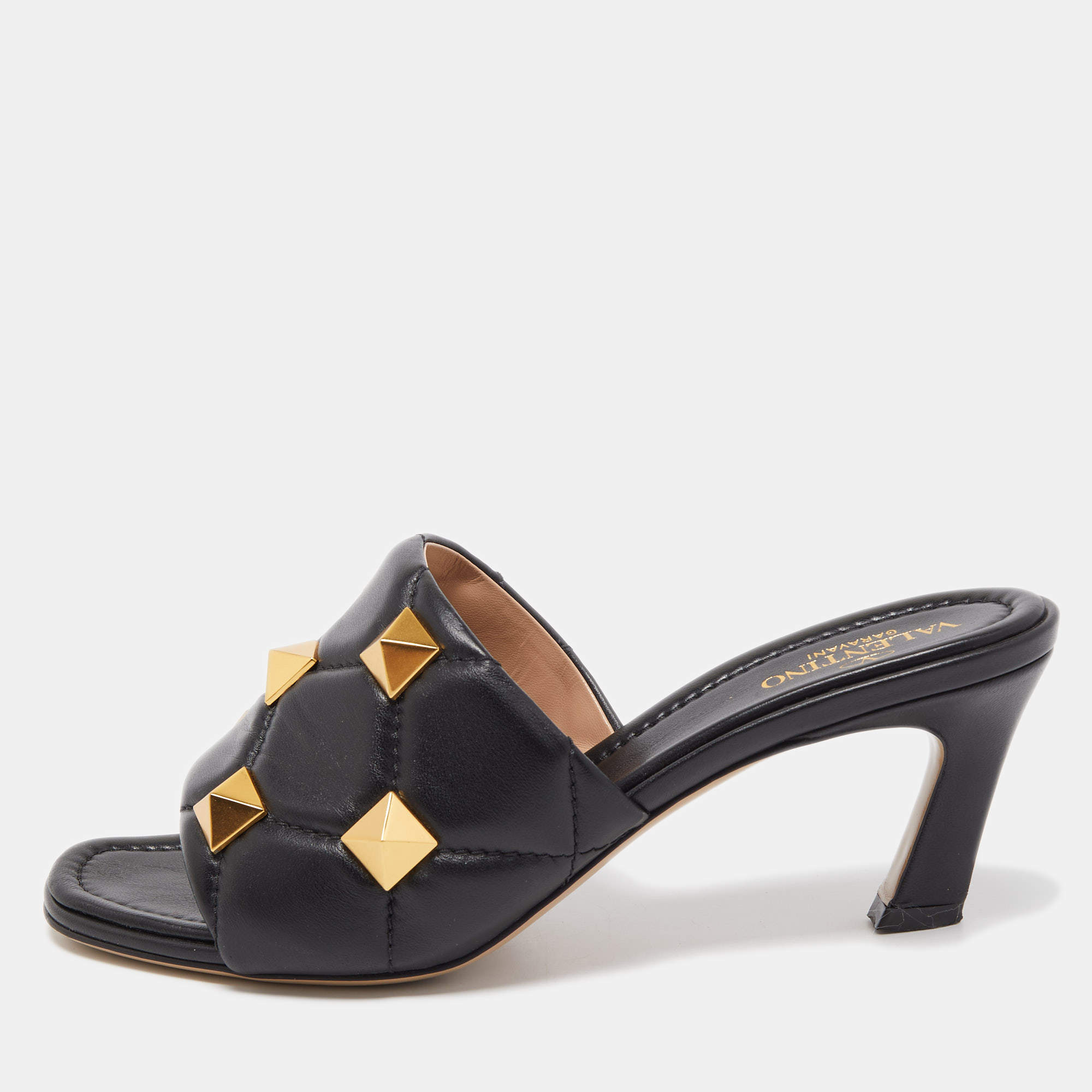 Pre Owned Valentino Black Leather Roman Stud Slide Sandals Size 37.5