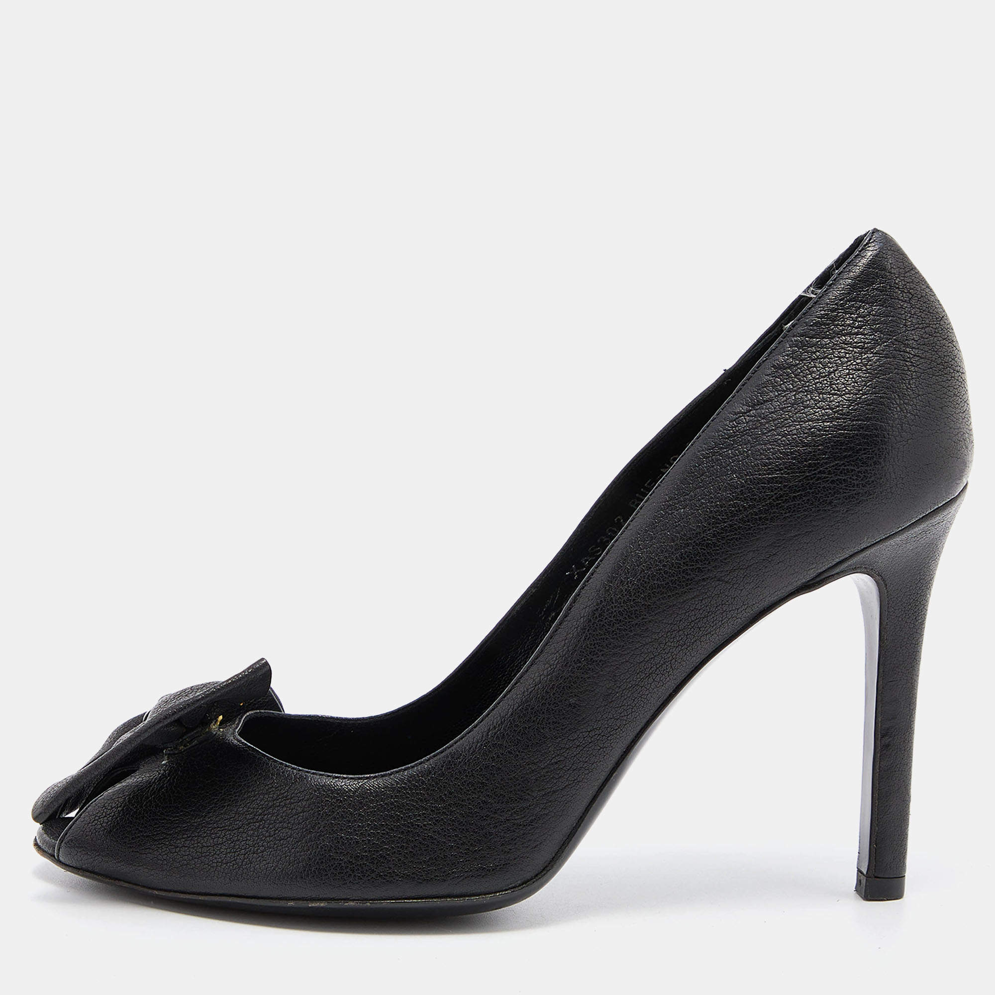 Pre Owned Valentino Black Leather Bow Peep Toe Pumps Size 38.5