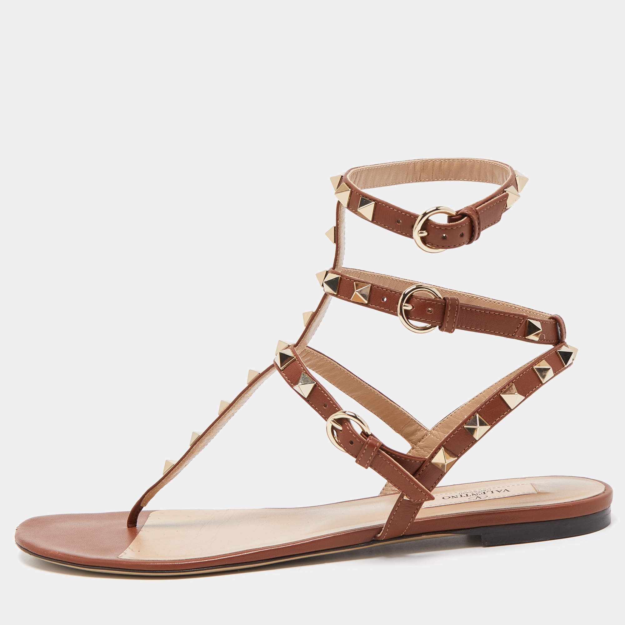 Pre Owned Valentino Brown Leather Rockstud Caged Flats Size 40