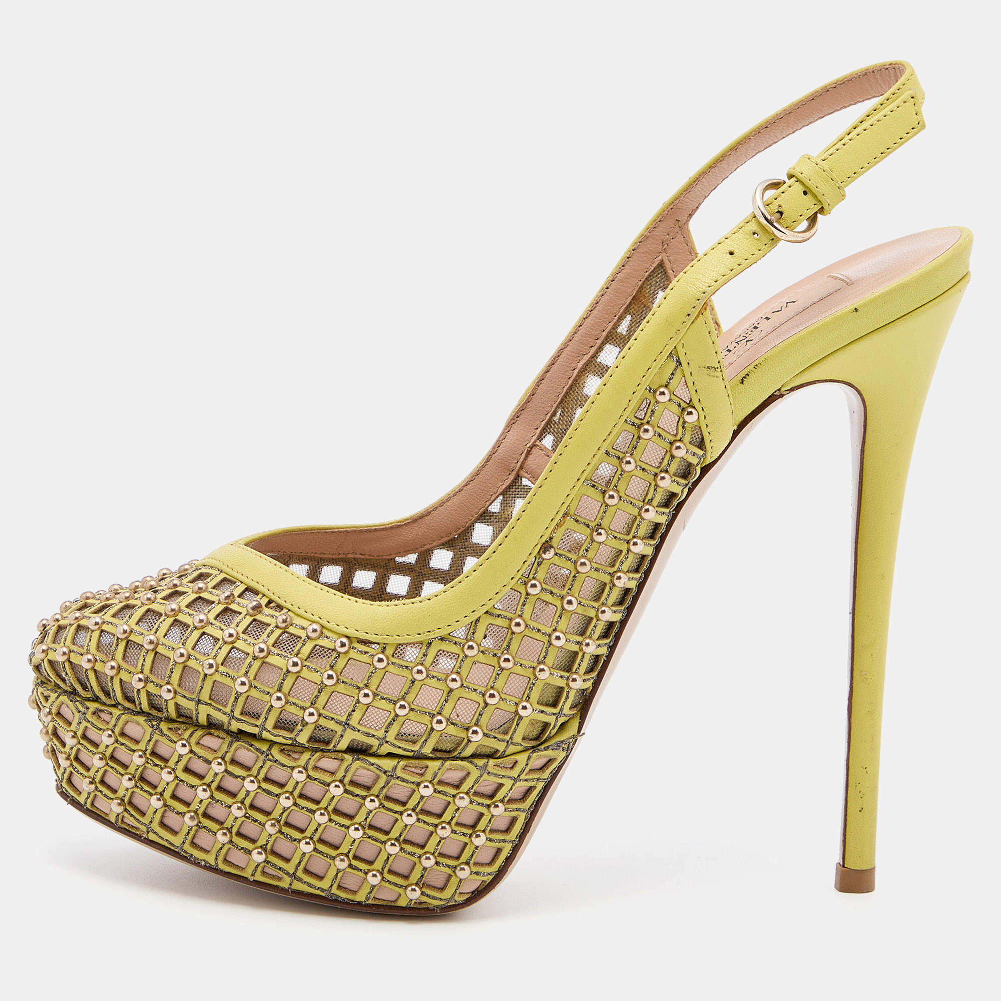 Pre Owned Valentino Yellow Leather Studded Platform Slingback Pumps Size 37.5