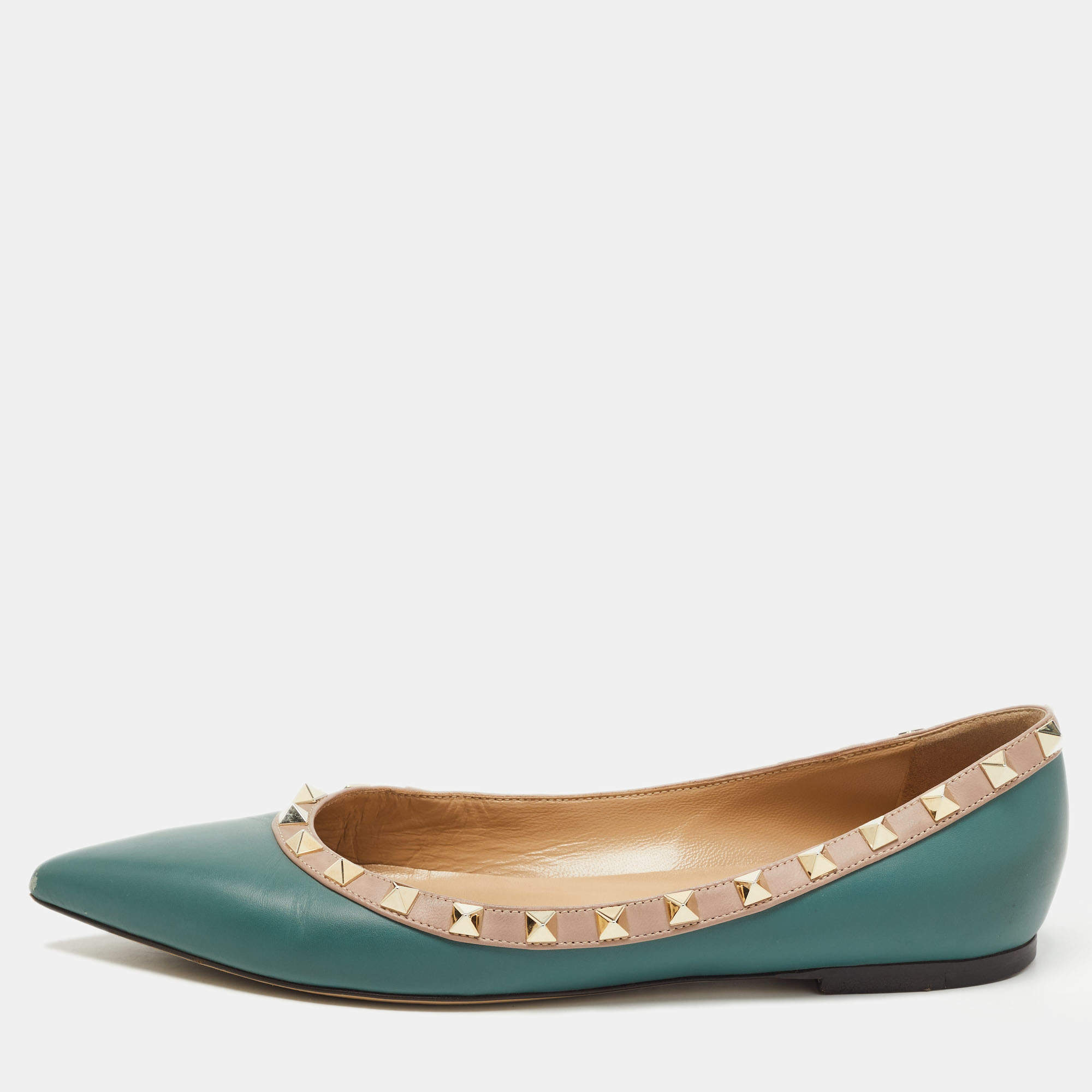 Pre Owned Valentino Teal Green Leather Rockstud Ballet Flats Size 38.5