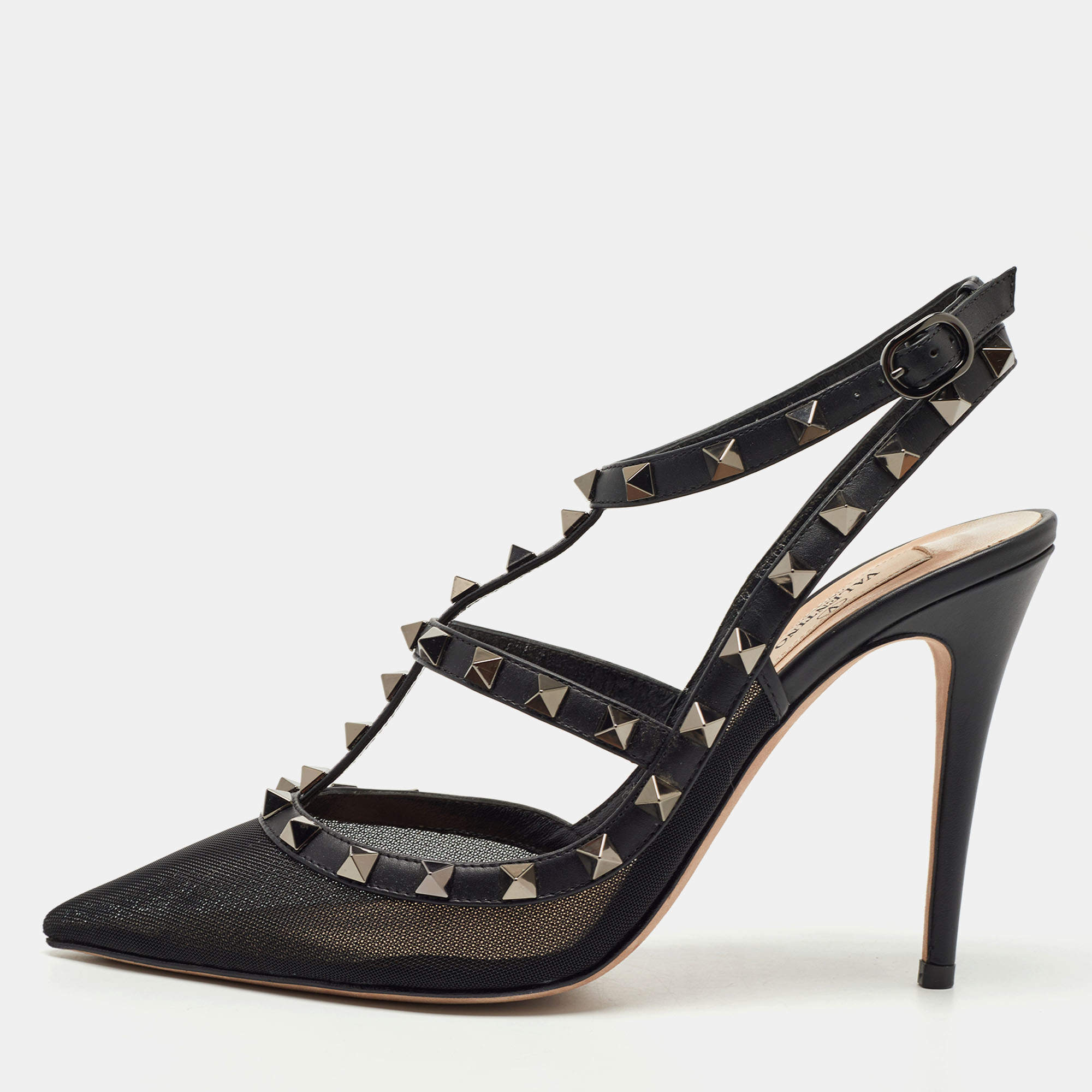 Pre Owned Valentino Black Leather and Mesh Rockstud Strappy Slingback Pumps Size 39