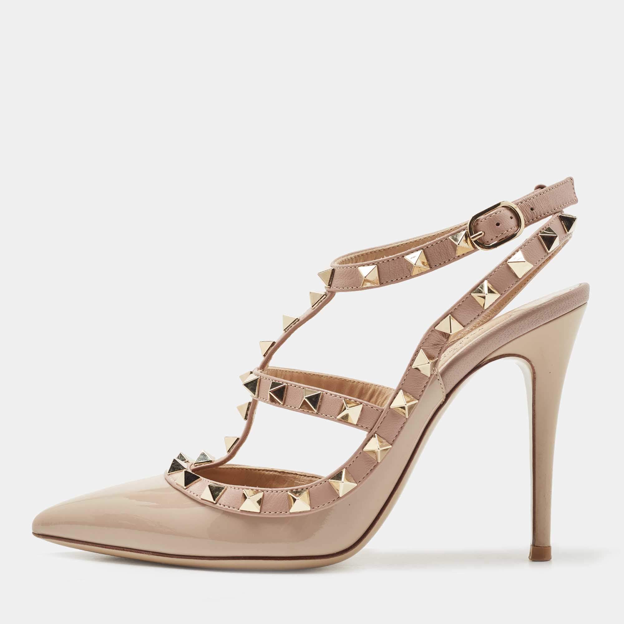 Pre Owned Valentino Beige Leather and Patent Rockstud Ankle Strap Pumps Size 36