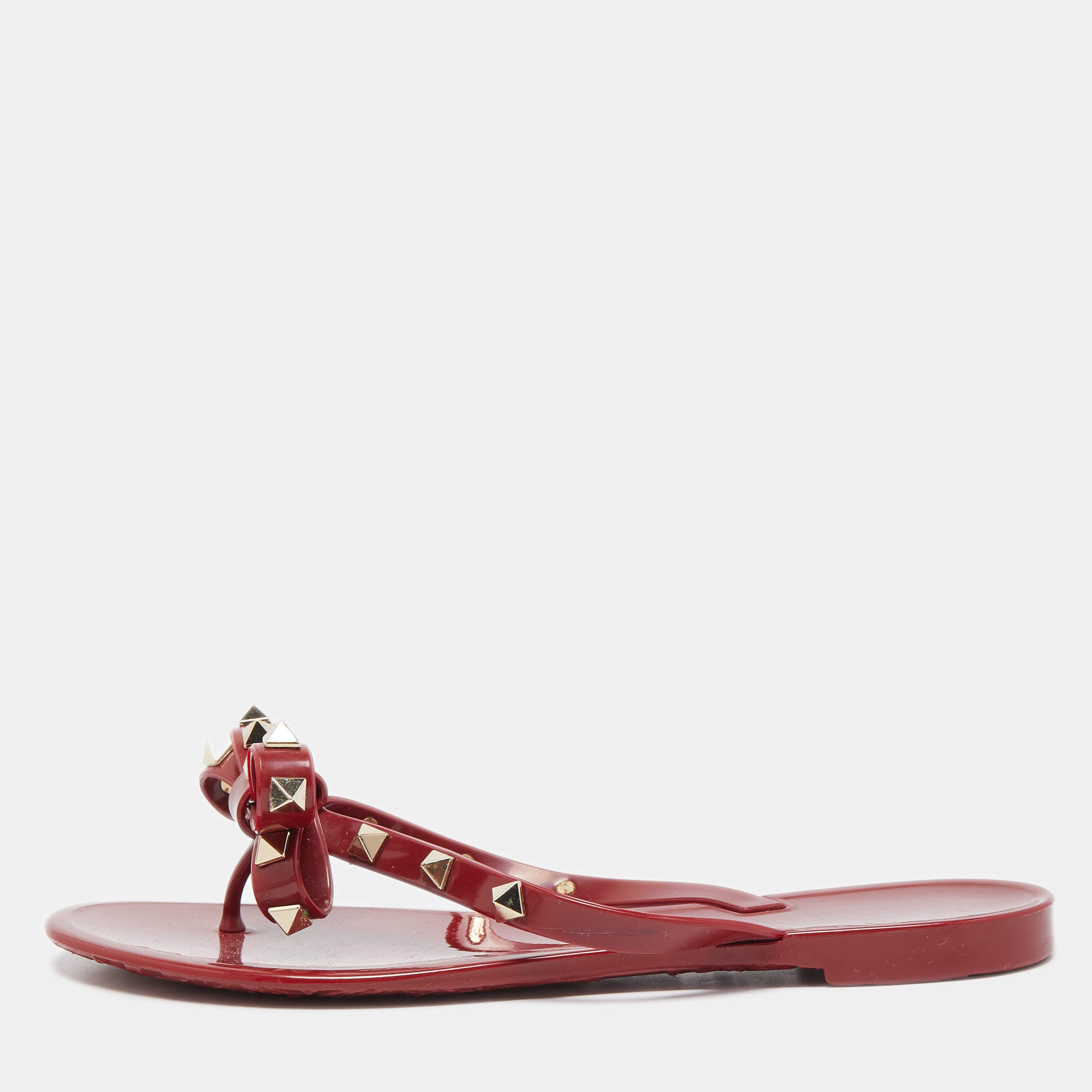 Pre Owned Valentino Burgundy Jelly Bow Rockstud Thong Flats Size 36