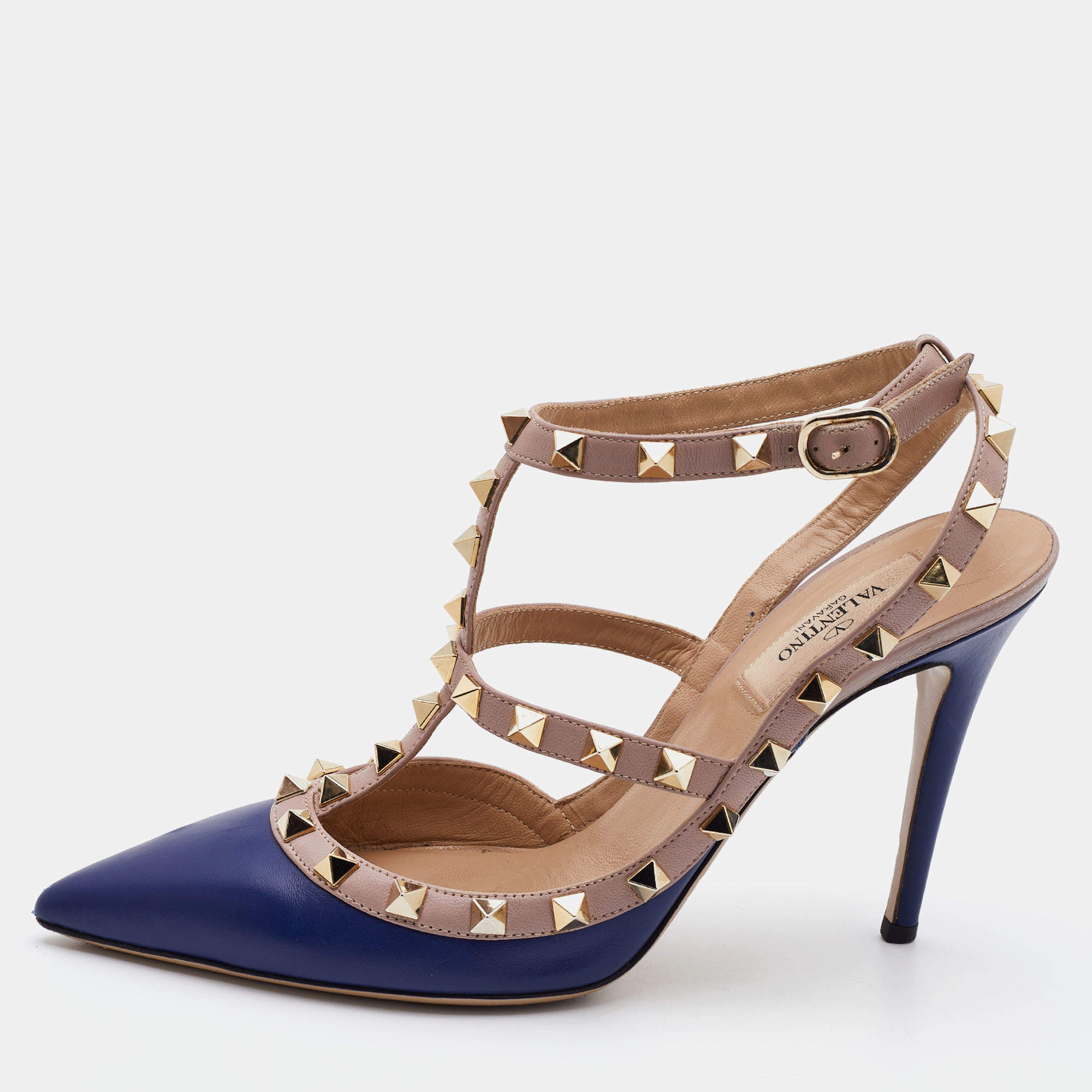 Pre Owned Valentino Blue/Pink Leather Rockstud Pointed Toe Ankle Strap Pumps Size 38