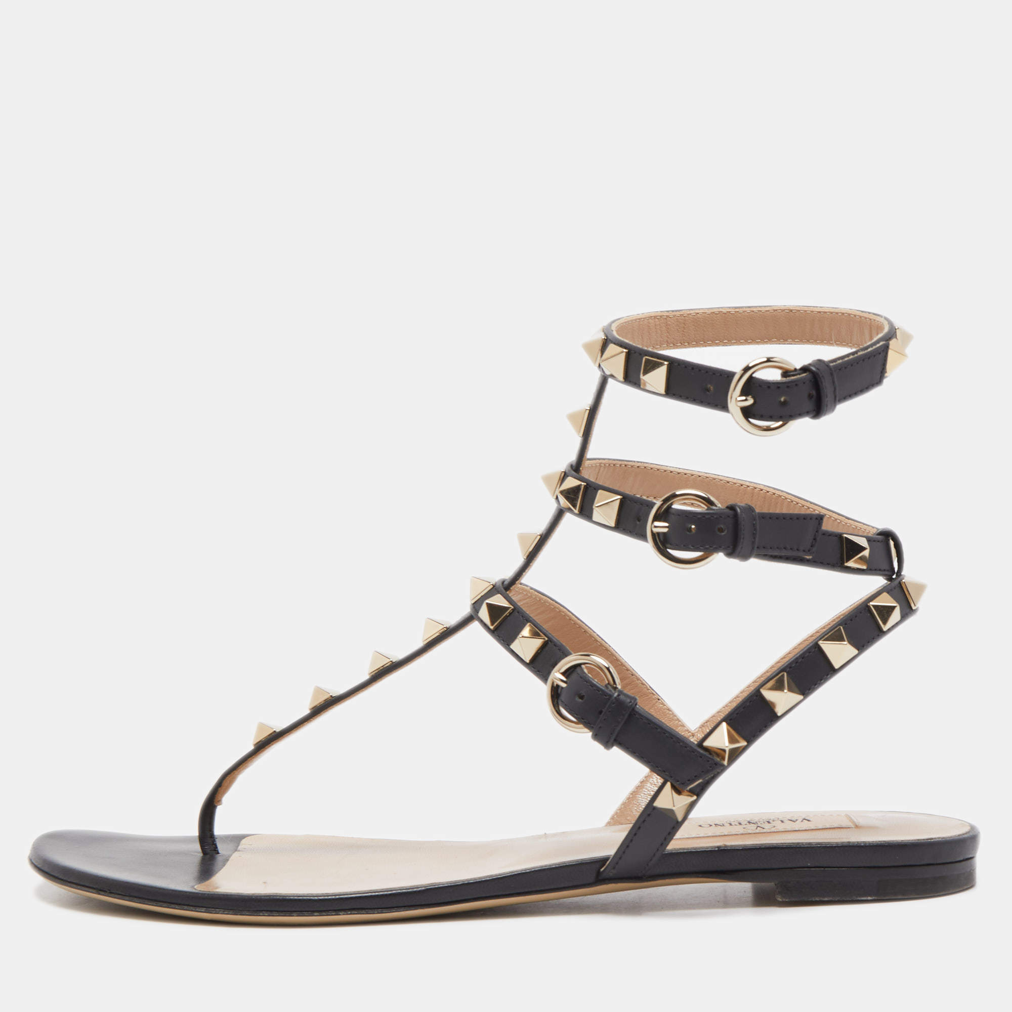 Pre Owned Valentino Black Leather Rockstud Ankle Strap Flats Size 37.5