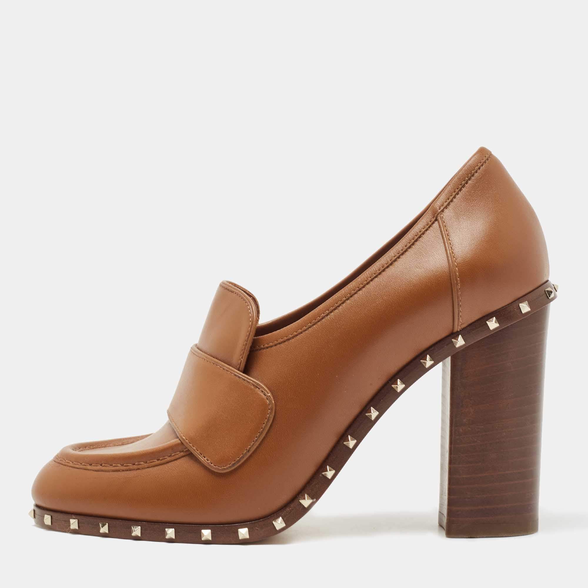 Pre Owned Valentino Tan Leather Rockstud Loafer Pumps Size 38