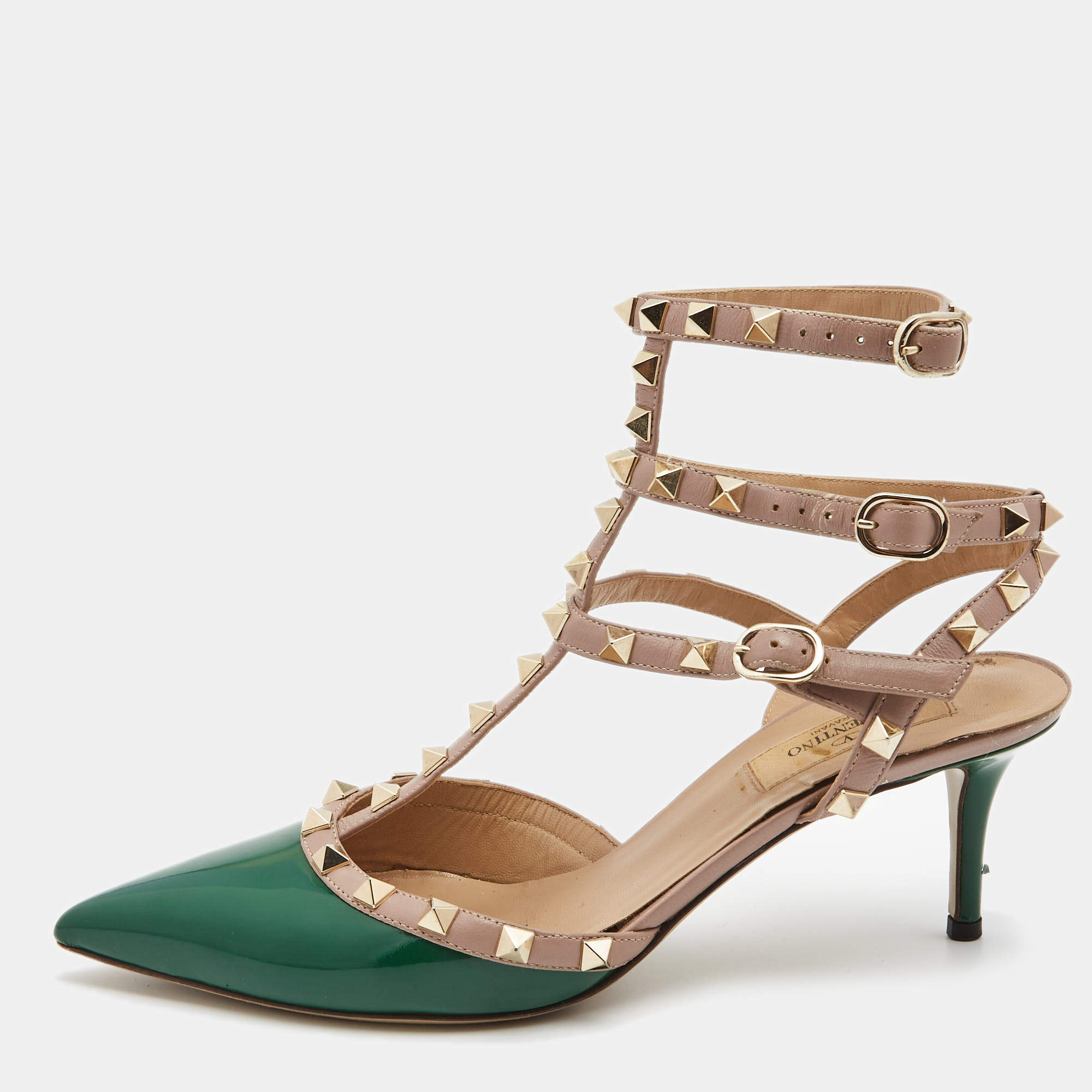 Pre Owned Valentino Green/Beige Patent and Leather Rockstud Pumps Size 39