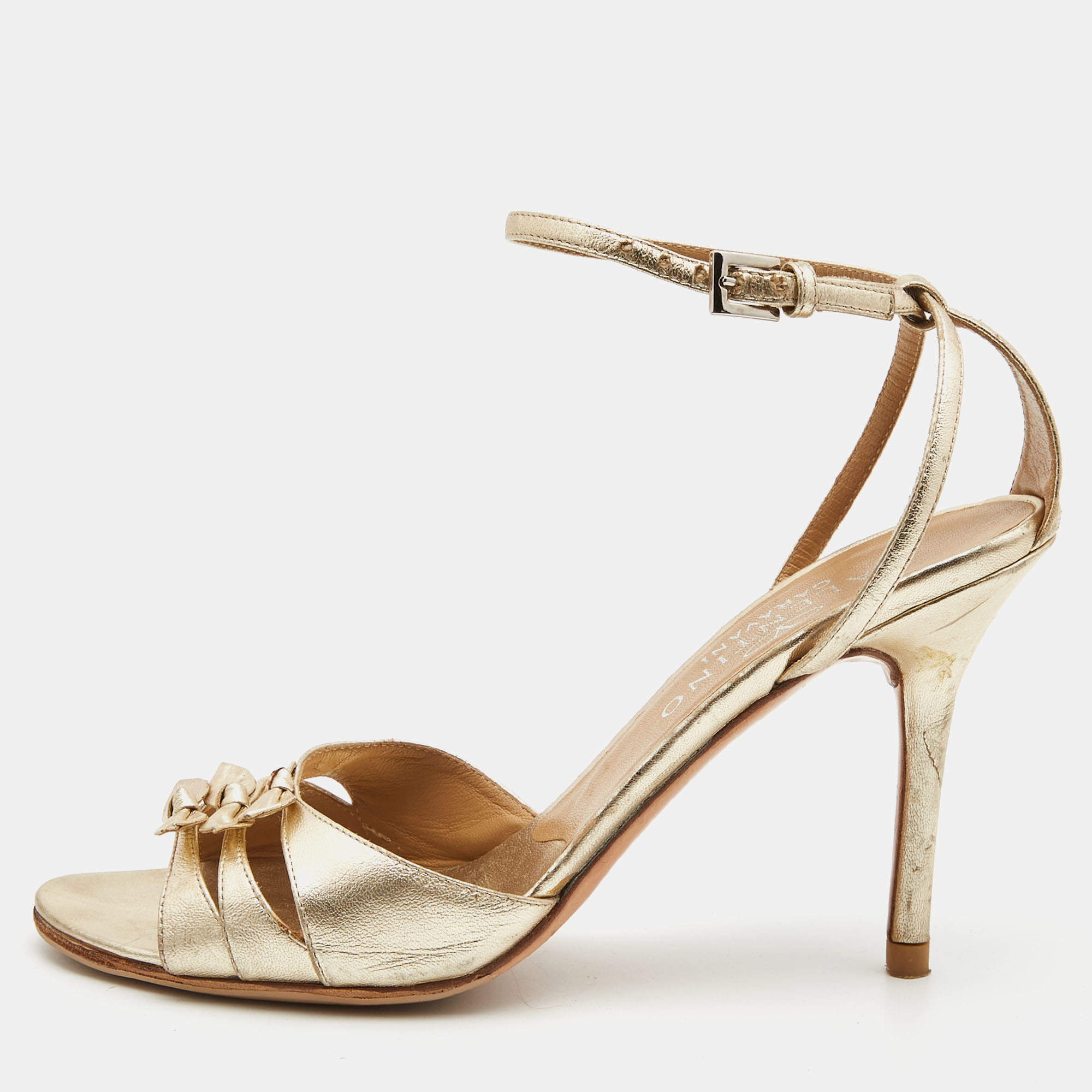 Pre Owned Valentino Gold Foil Leather Bow Ankle Strap Sandals Size 37