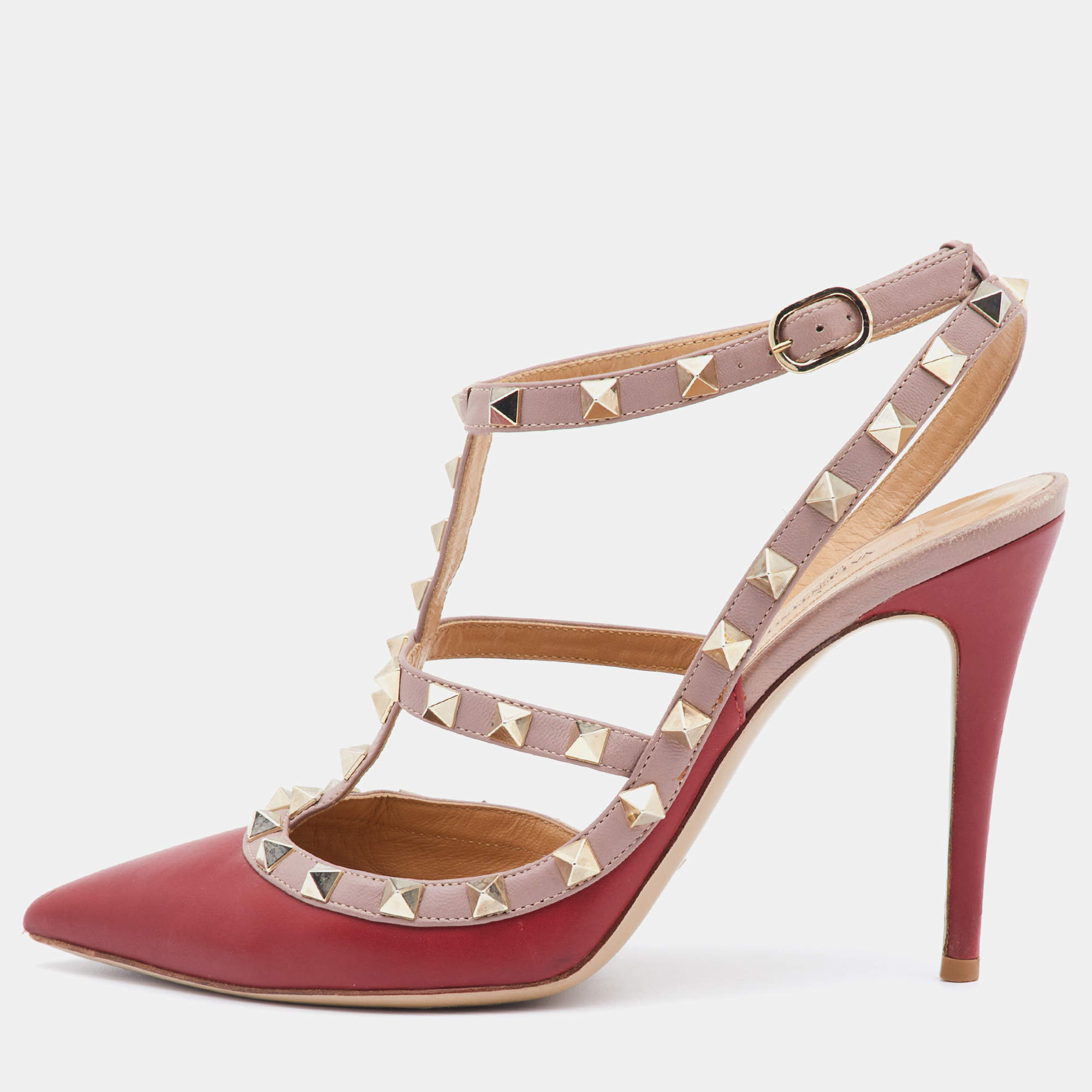 Pre Owned Valentino Red/Pink Leather Rockstud Pumps Size 38.5