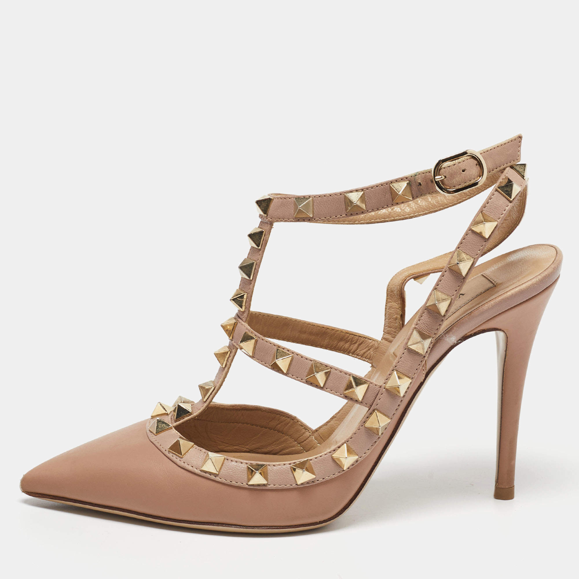 Pre Owned Valentino Beige Leather Rockstud Ankle Strap Pumps Size 36
