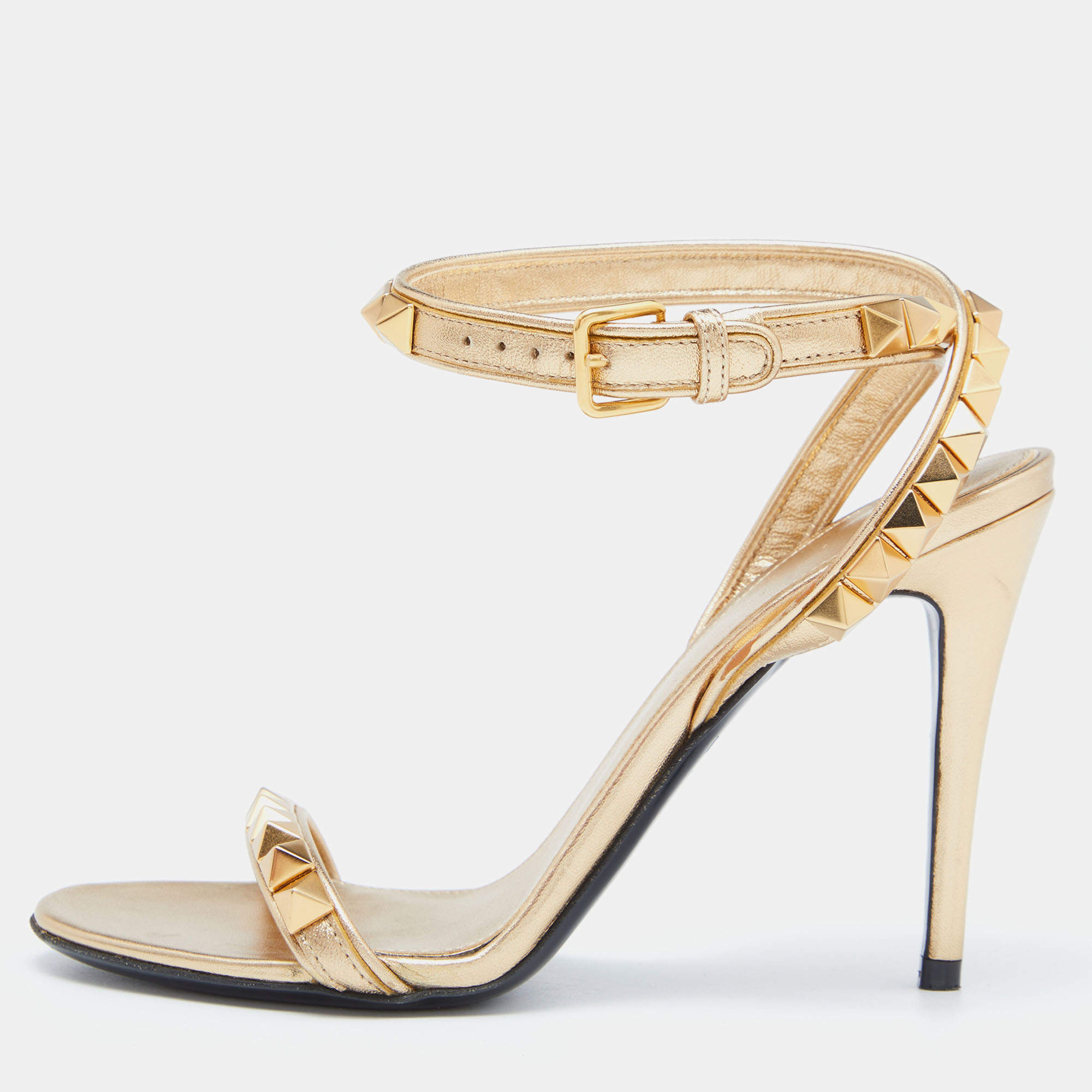 Pre Owned Valentino Gold Leather Rockstud Ankle Strap Sandals Size 36