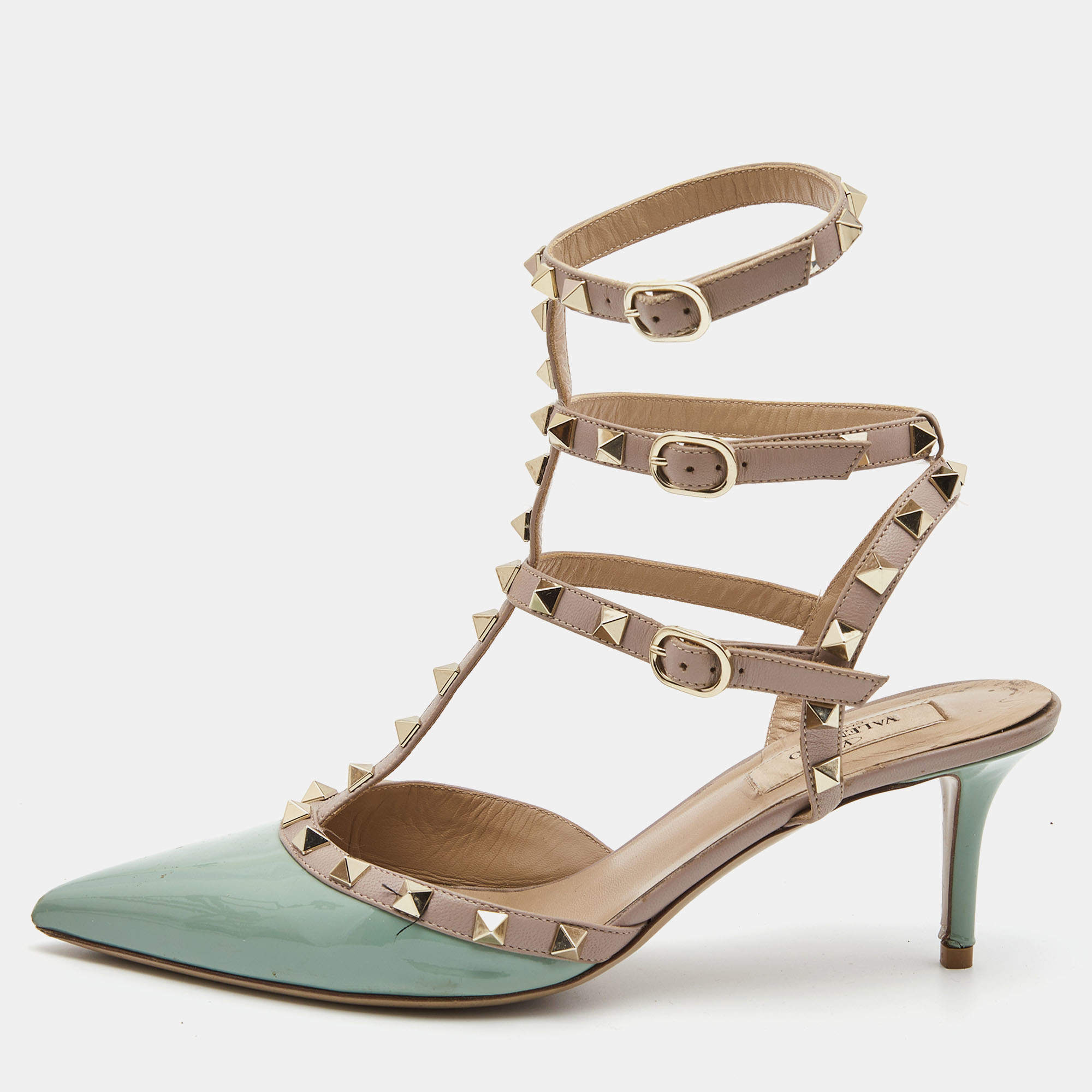 Pre Owned Valentino Blue/Beige Patent and Leather Rockstud Pumps Size 40