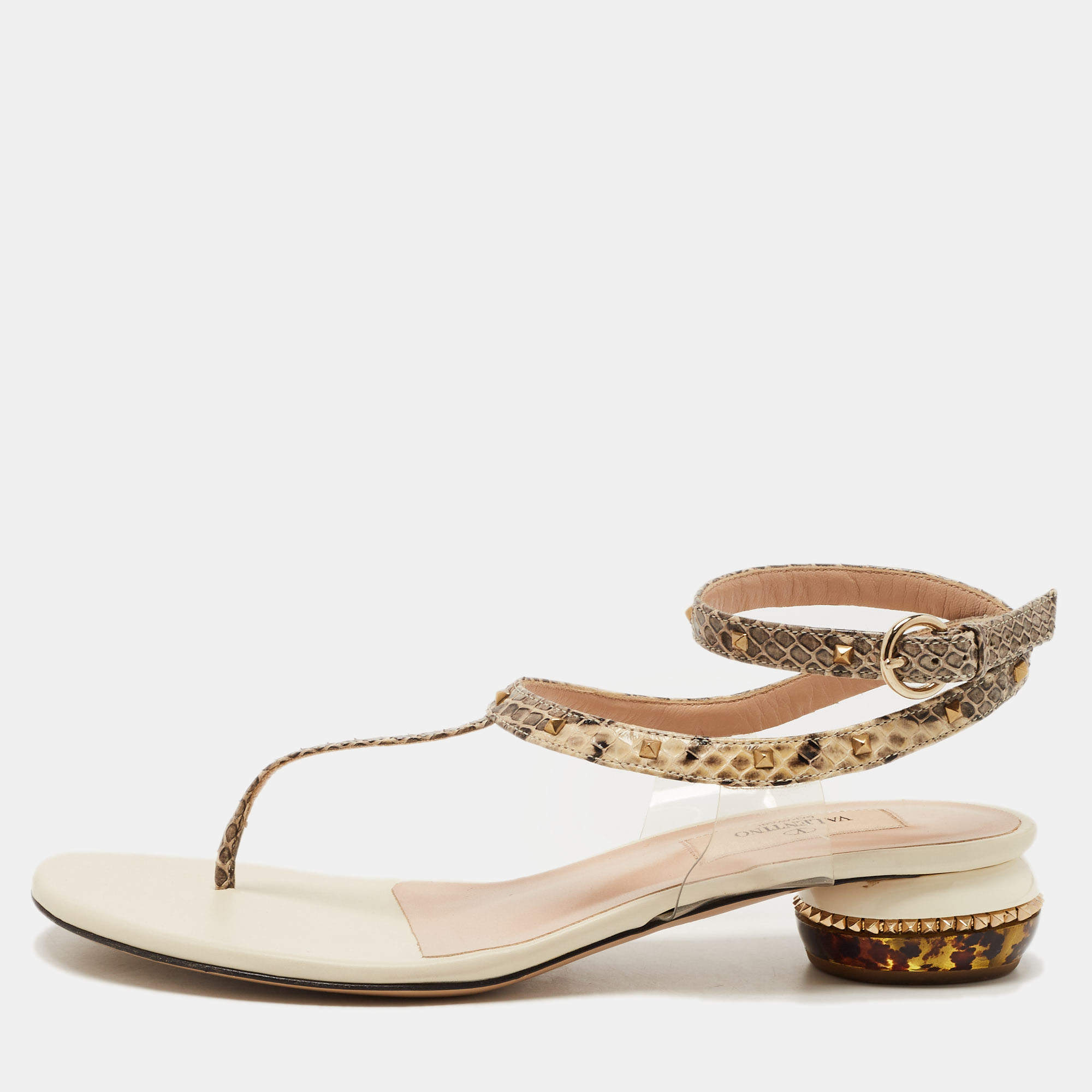 Pre Owned Valentino Cream/Beige Python Embossed and Leather Slingback Flats Size 37