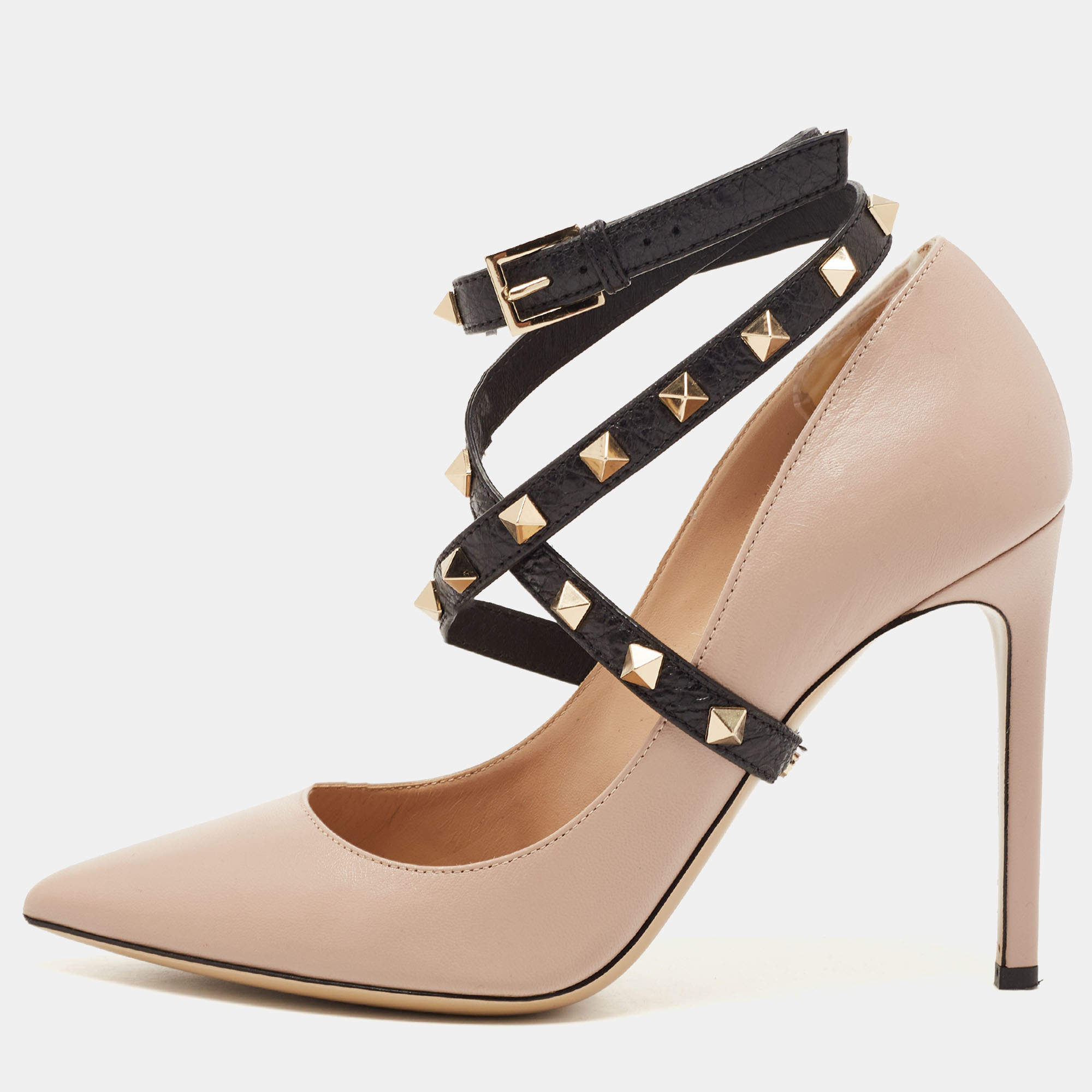 Pre Owned Valentino Dusty Pink/Black Leather Rockstud Ankle Wrap Pumps Size 38