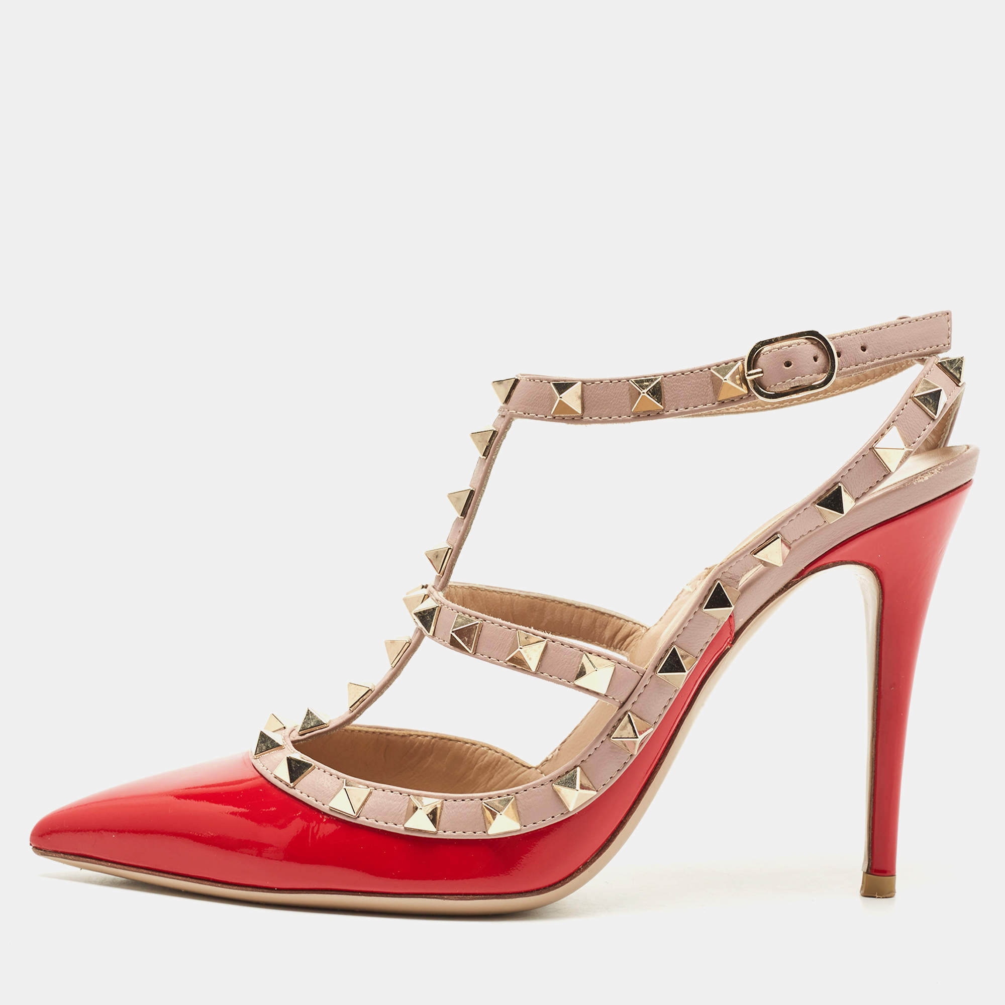 Pre Owned Valentino Red/Dusty Pink Patent and Leather Rockstud Ankle Strap Pumps Size 38