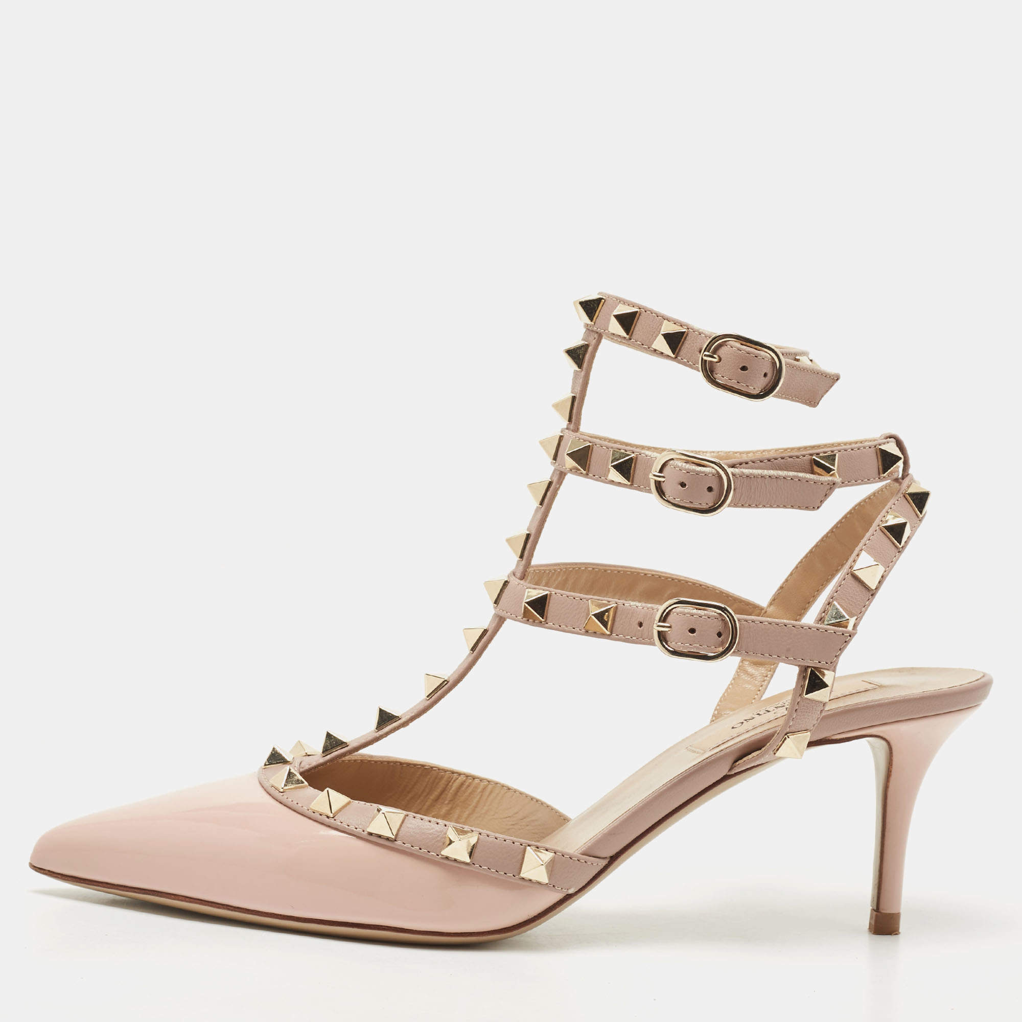 Pre Owned Valentino Pink Patent Leather Rockstud Ankle Strap Pumps Size 38