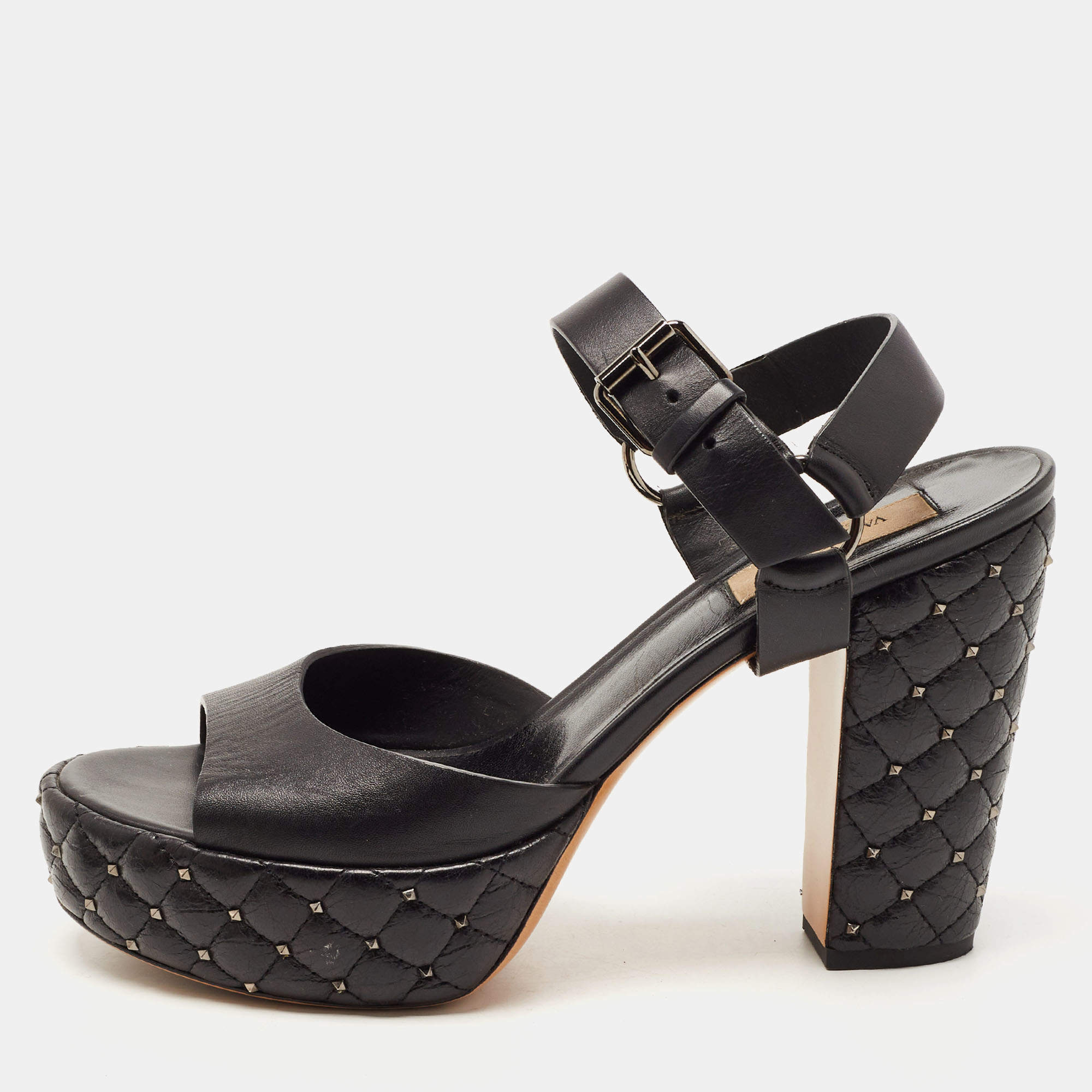 Pre Owned Valentino Black Leather Rockstud  Ankle Strap Sandals Size 38.5