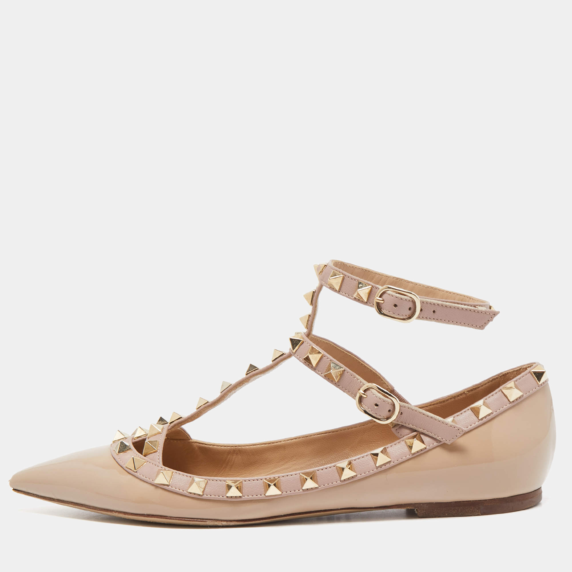 Pre Owned Valentino Two Tone Patent and Leather Rockstud Ankle Strap Ballet Flats Size 38