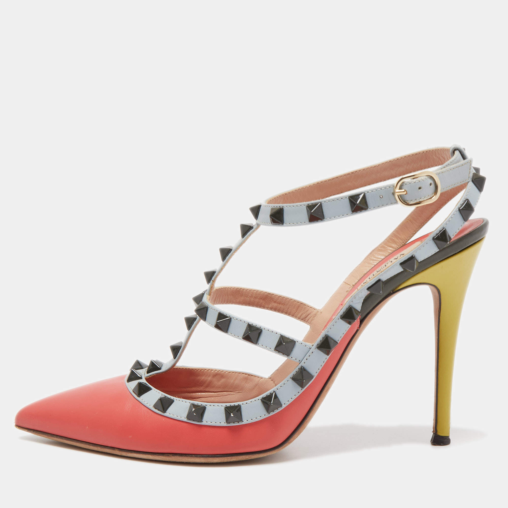 Pre Owned Valentino Multicolor Leather Rockstud Ankle Strap Pumps Size 39.5