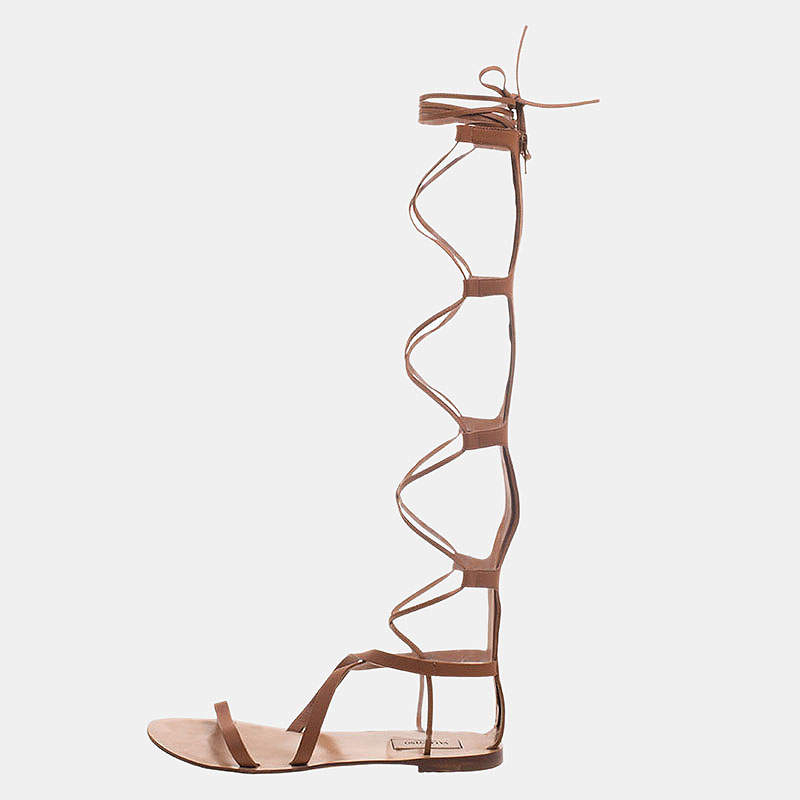 Pre Owned Valentino Brown Leather Gladiator Flat Sandals Size 38