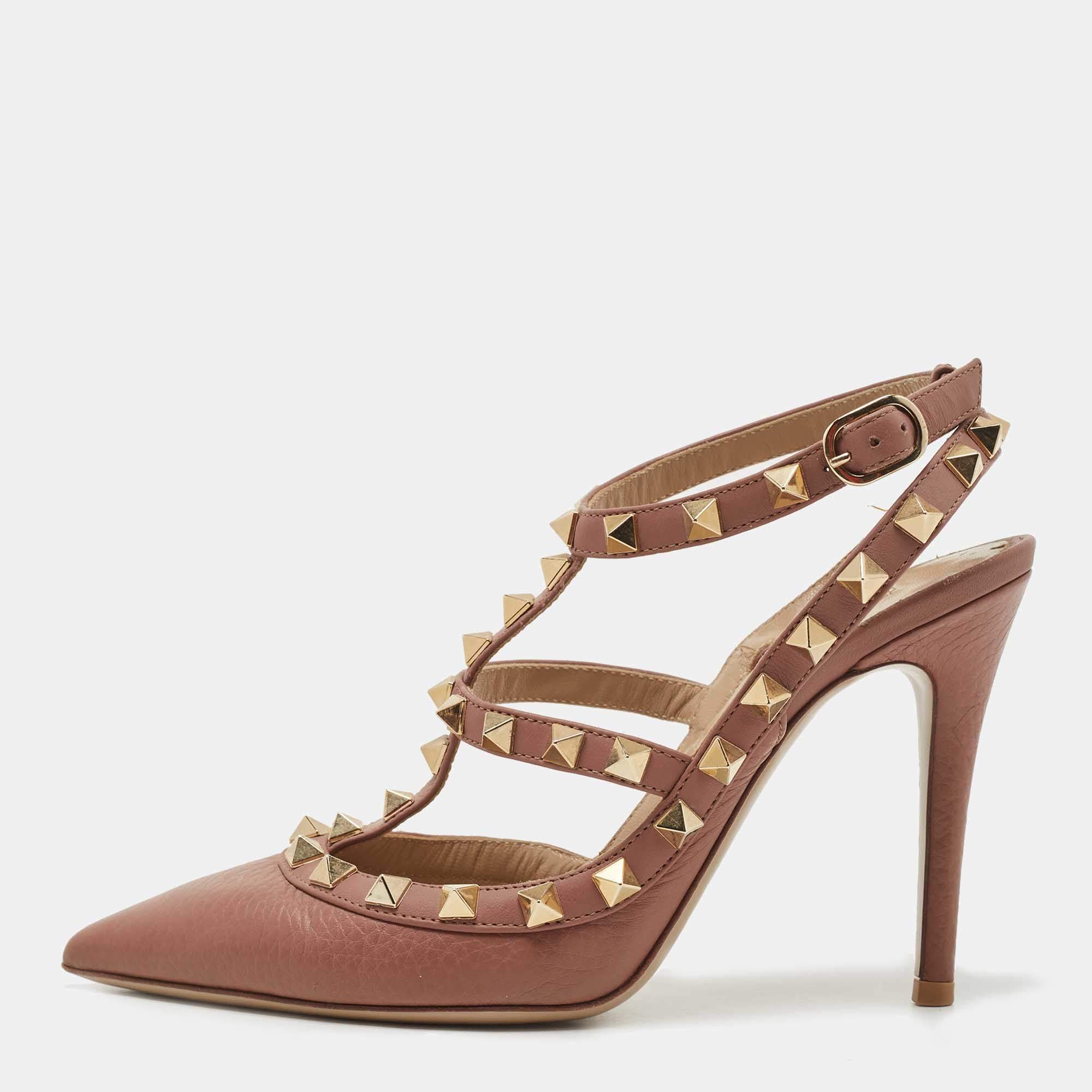 Pre Owned Valentino Pink Leather Rockstud Ankle Strap Pumps Size 35