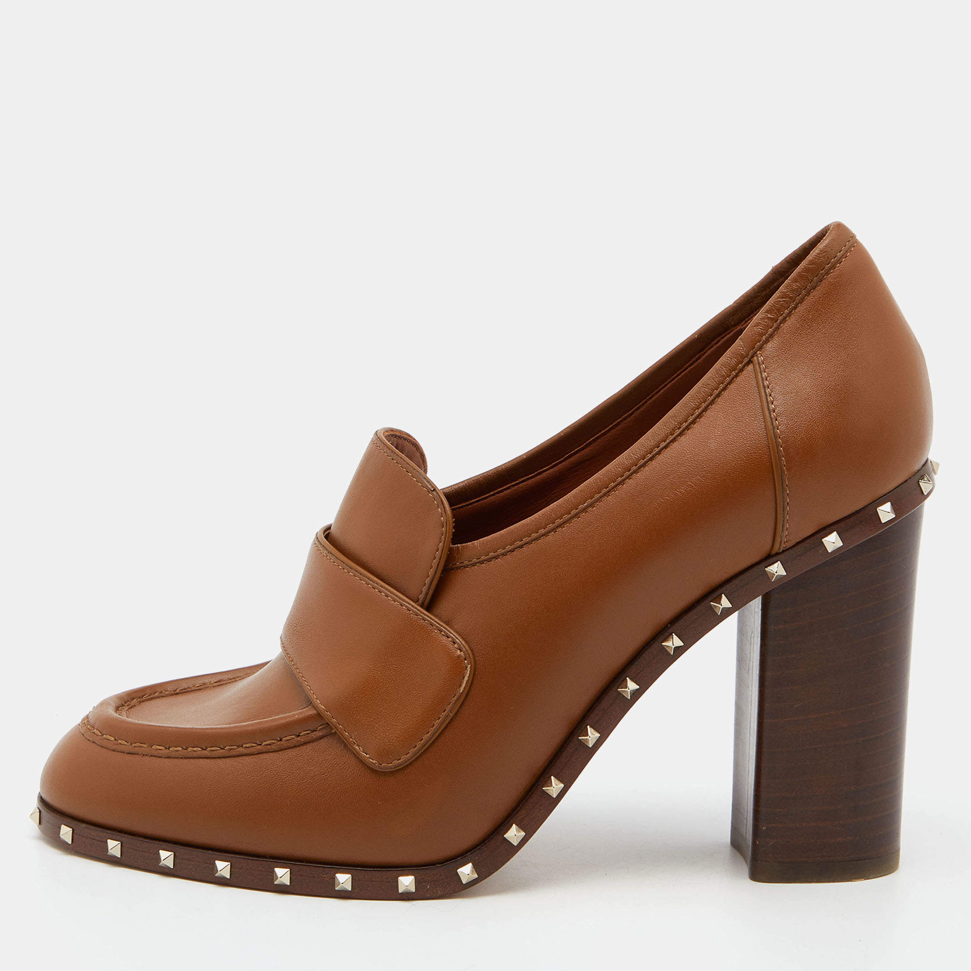 Pre Owned Valentino Brown Leather Rockstud Loafer Pumps Size 38.5
