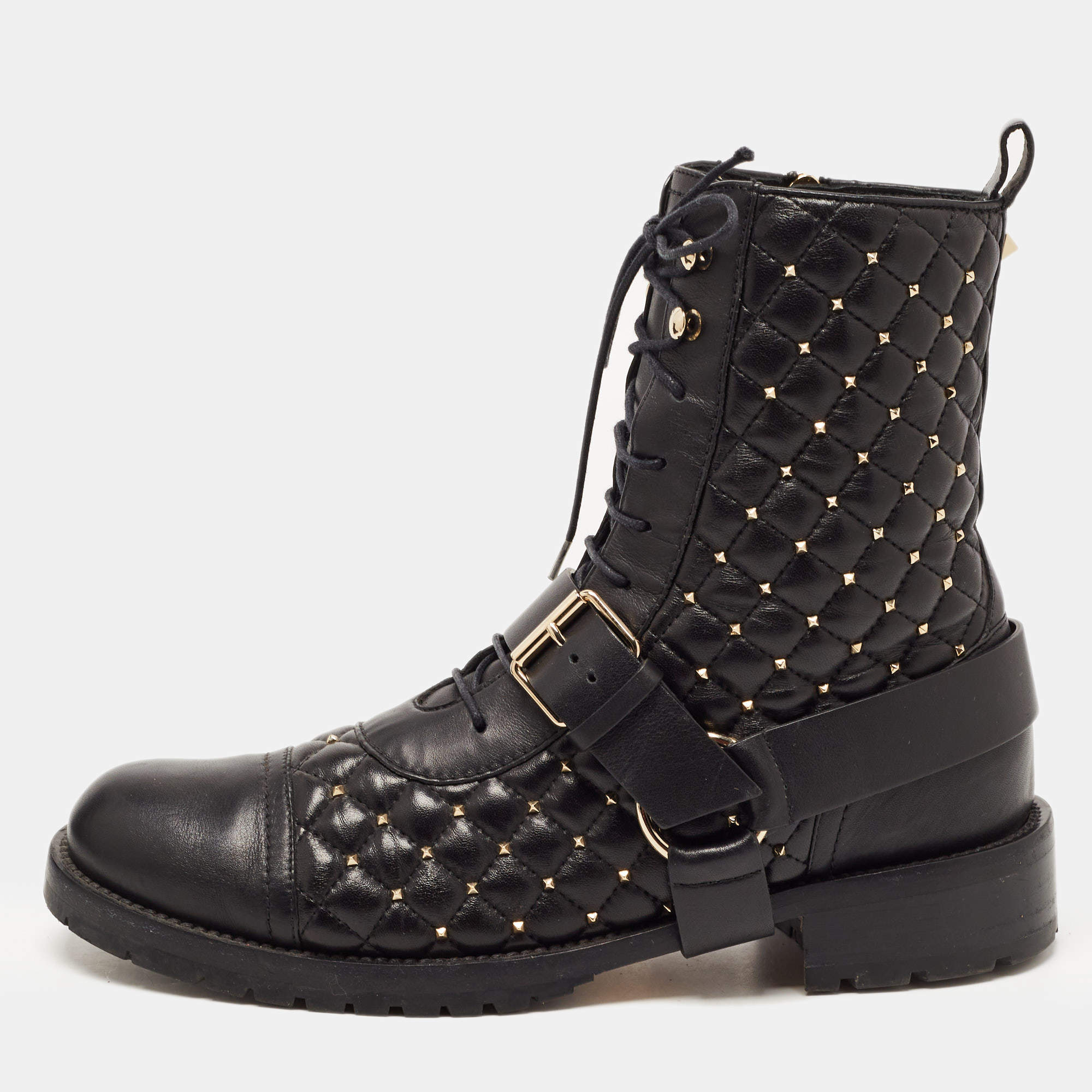 Pre Owned Valentino Black Quilted Leather Rockstud Buckle Details Ankle Boots Size 39  