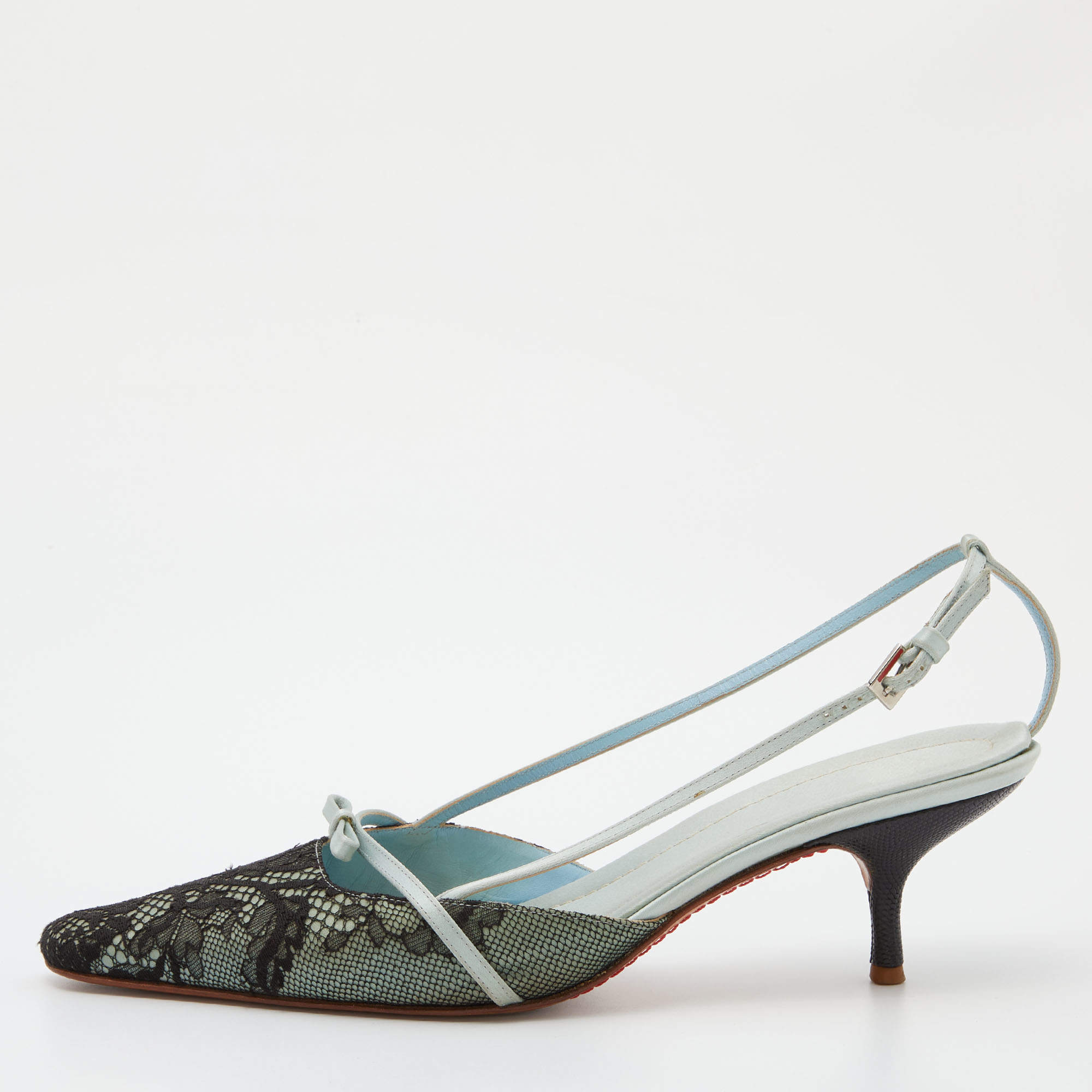 Pre Owned Valentino Black/Green Lace and Satin Bow Slingback Pumps Size 39