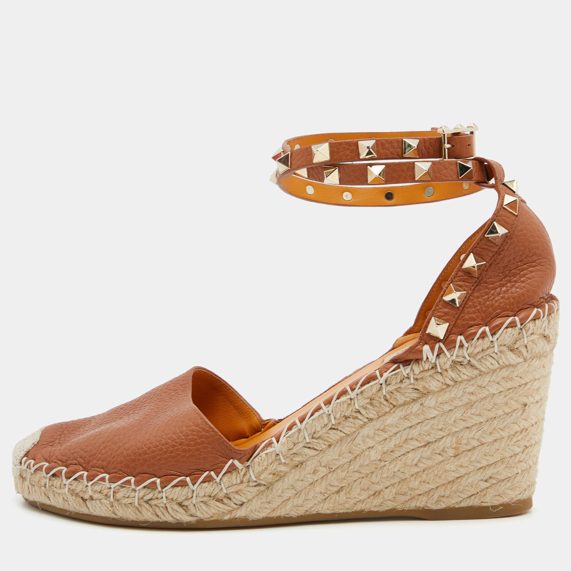 Pre Owned Valentino Brown Leather Rockstud Ankle Strap Wedge Espadrilles Size 39