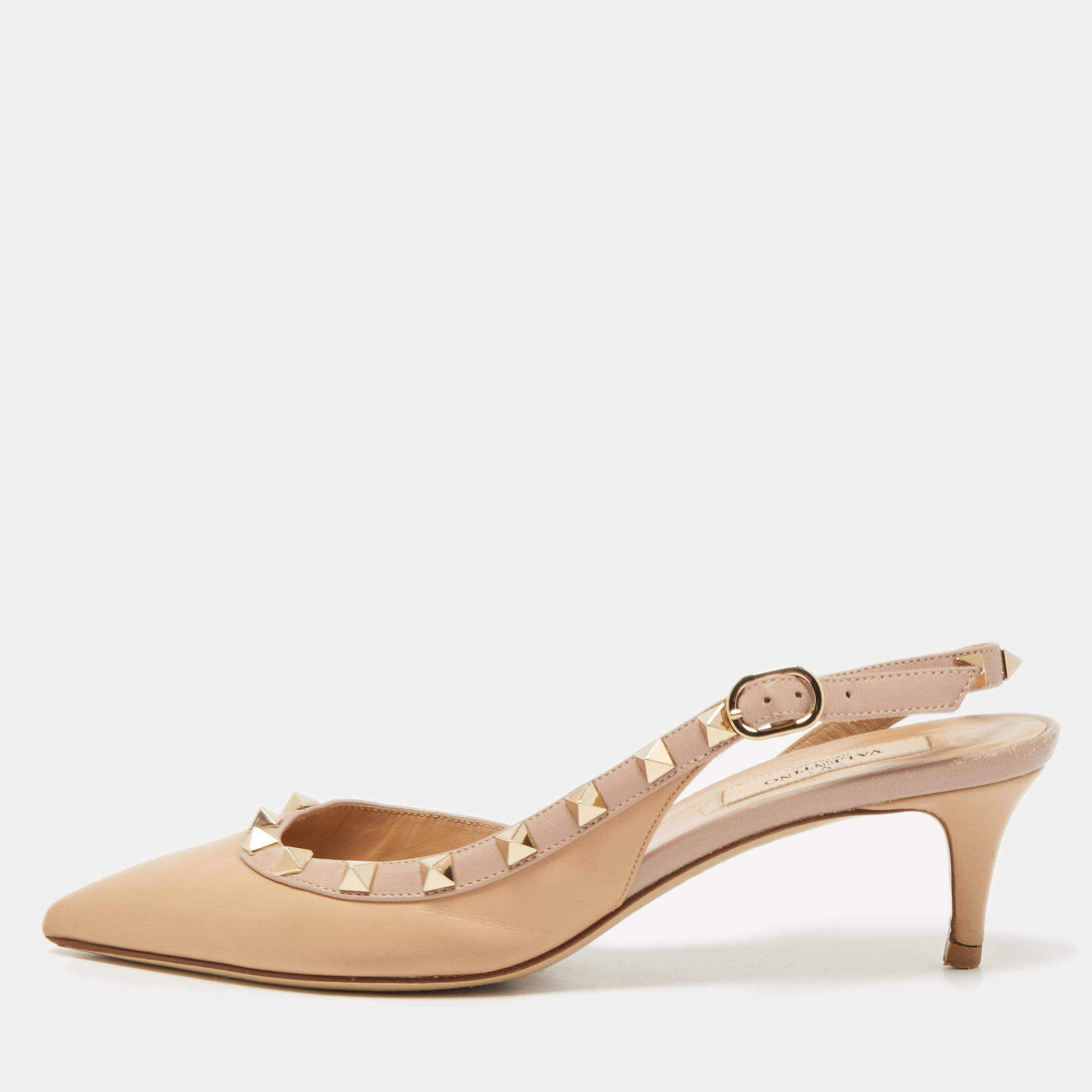 Pre Owned Valentino Beige Leather Rockstud Slingback Pumps Size 37