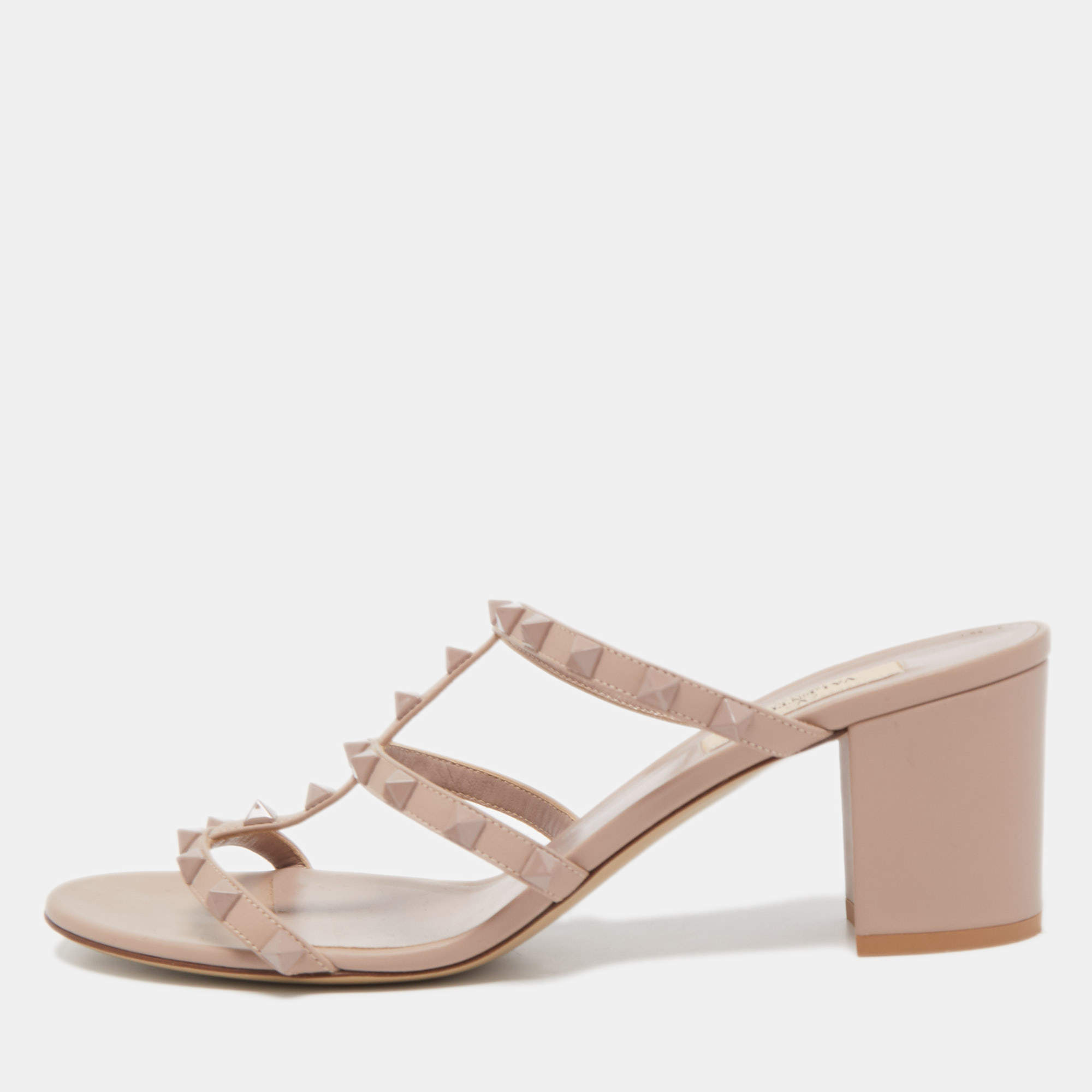 Pre Owned Valentino Beige Leather Rockstud Block Heel Slide Sandals Size 41