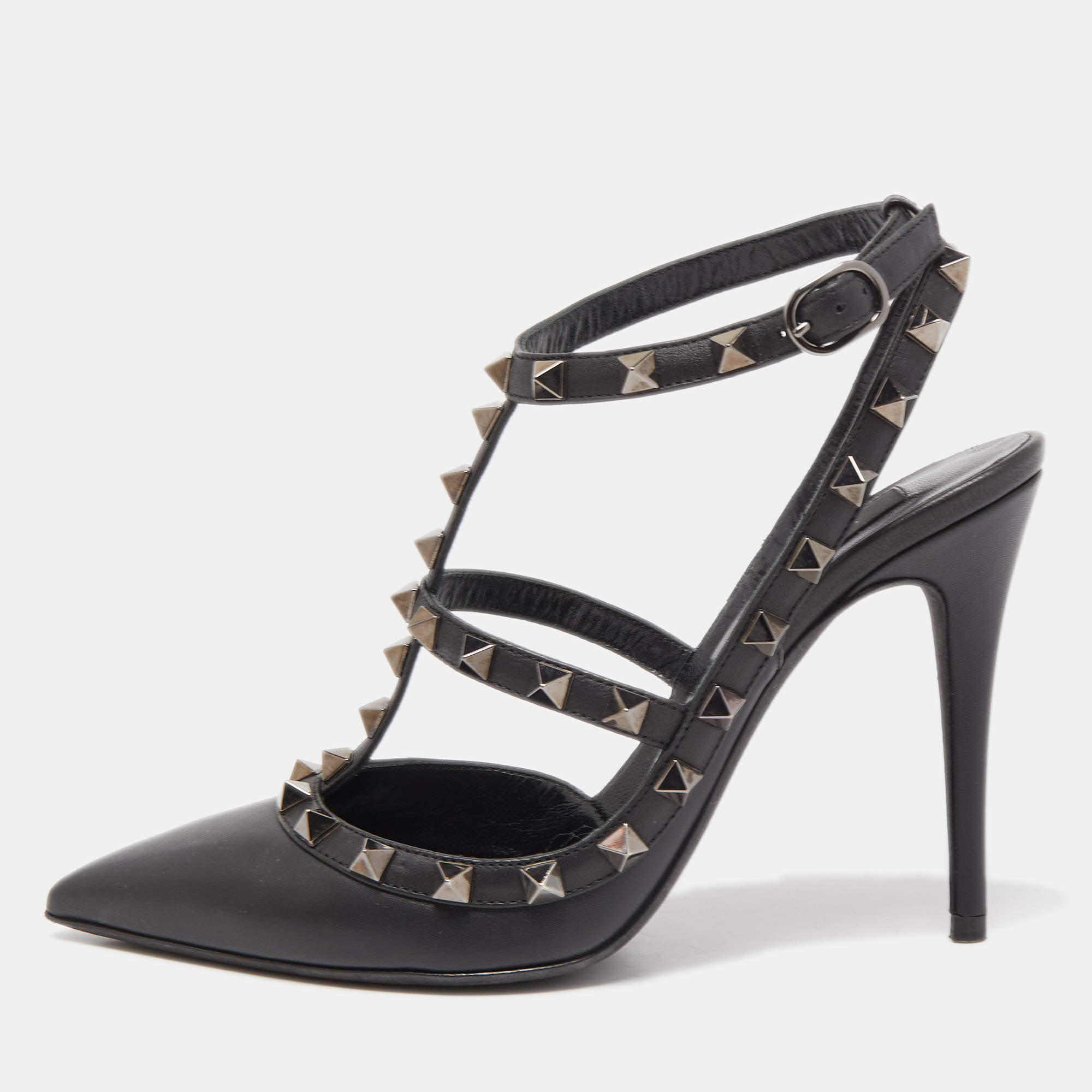 Pre Owned Valentino Black Leather Rockstud Strappy Pumps Size 37