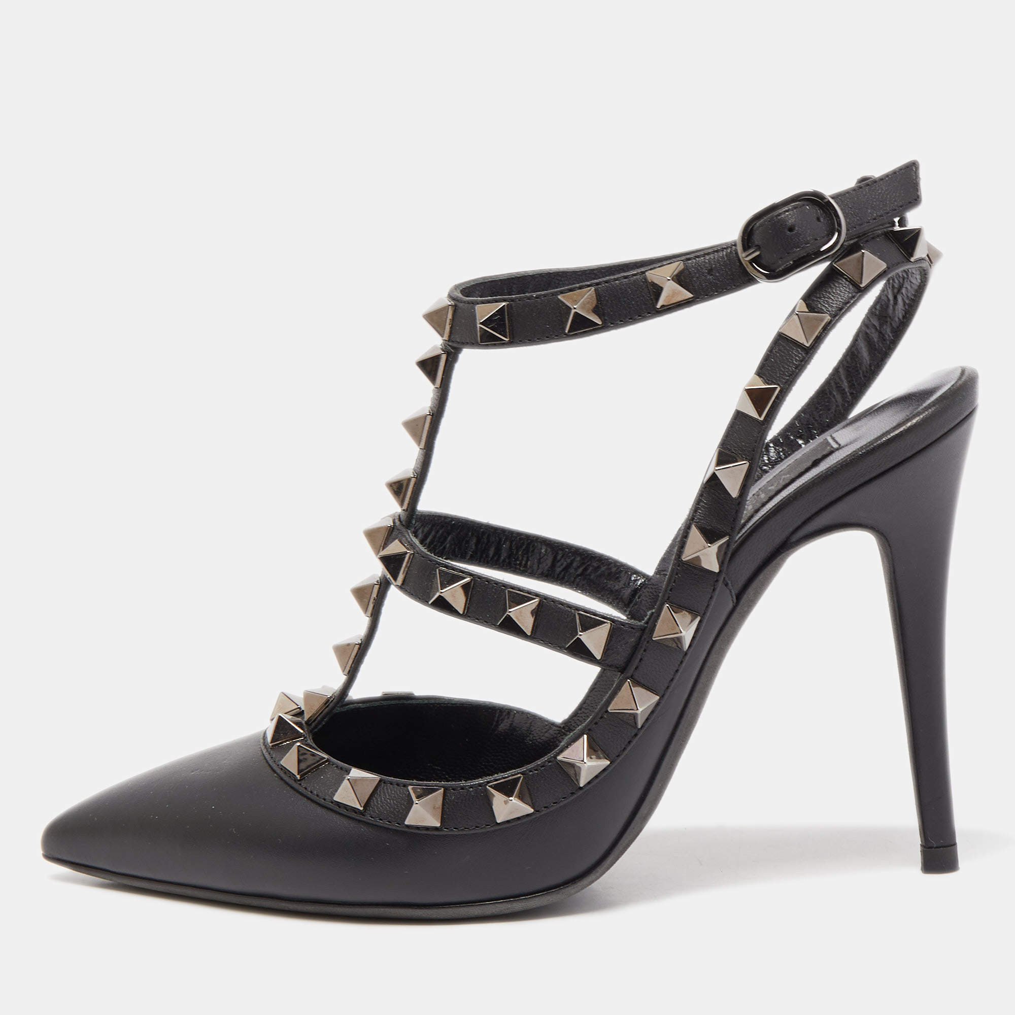 Pre Owned Valentino Black Leather Rockstud Strappy Pointed Toe Pumps Size 34