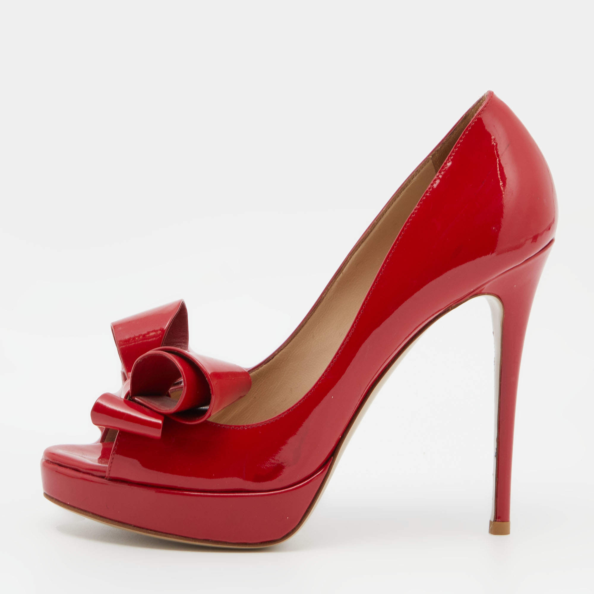 Pre Owned Valentino Red Patent Leather Bow Peep Toe Platform Pumps Size 38