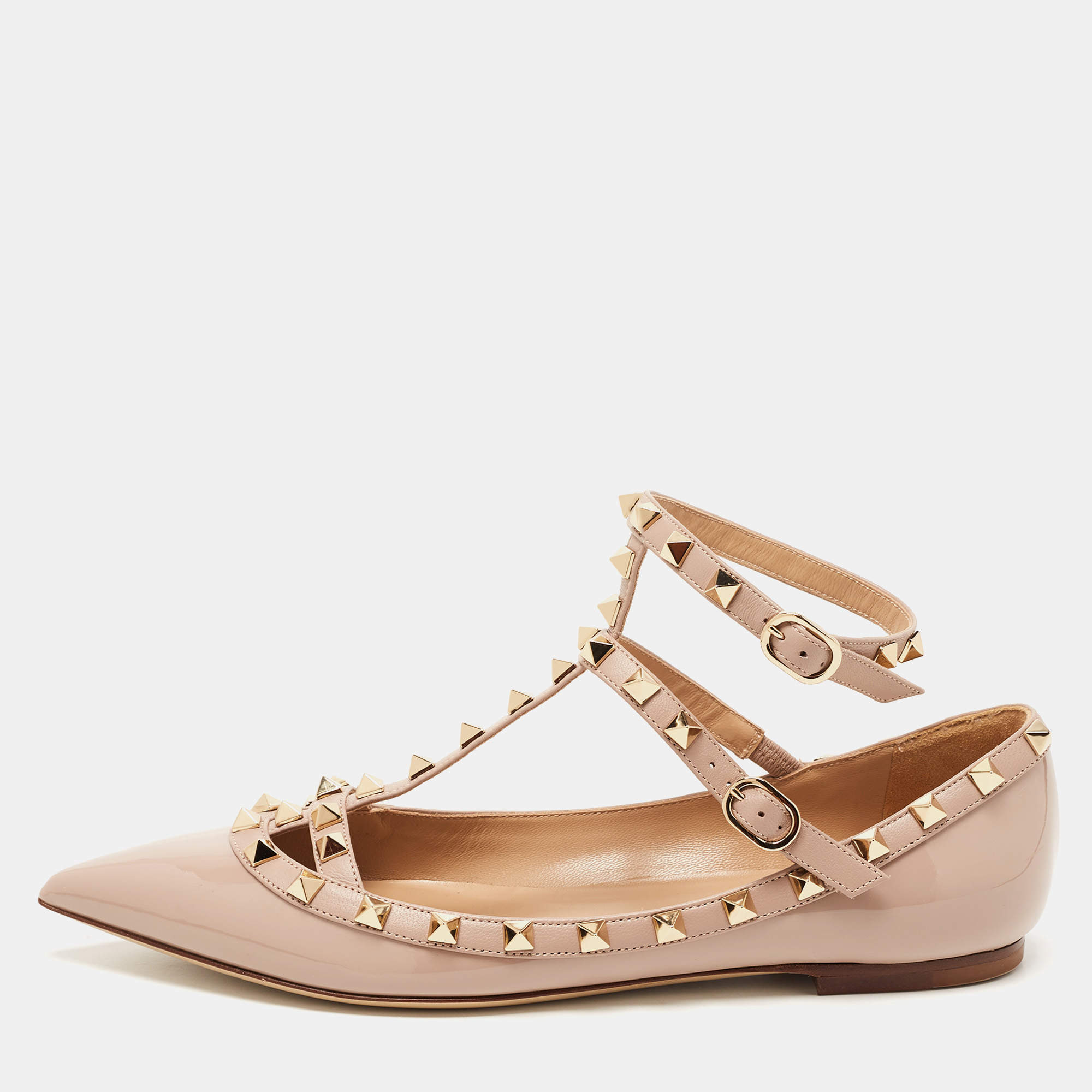 Pre Owned Valentino Dusty Pink Leather Rockstud Strappy Ballet Flats Size 39