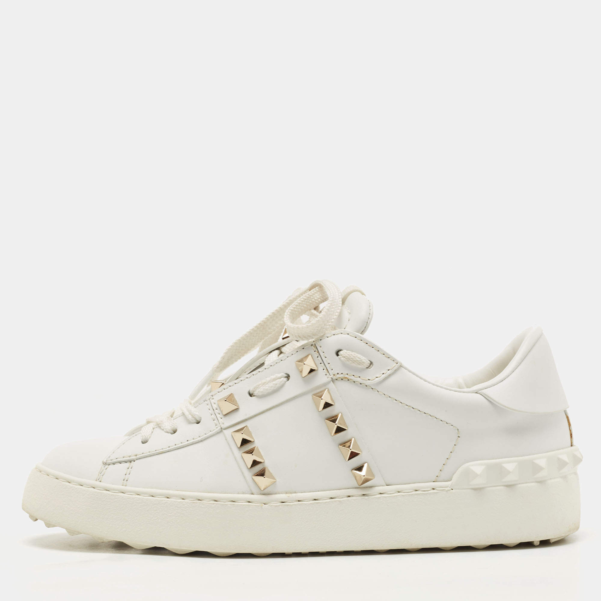 Pre Owned Valentino White Leather Rockstud Low Top Sneakers Size 36