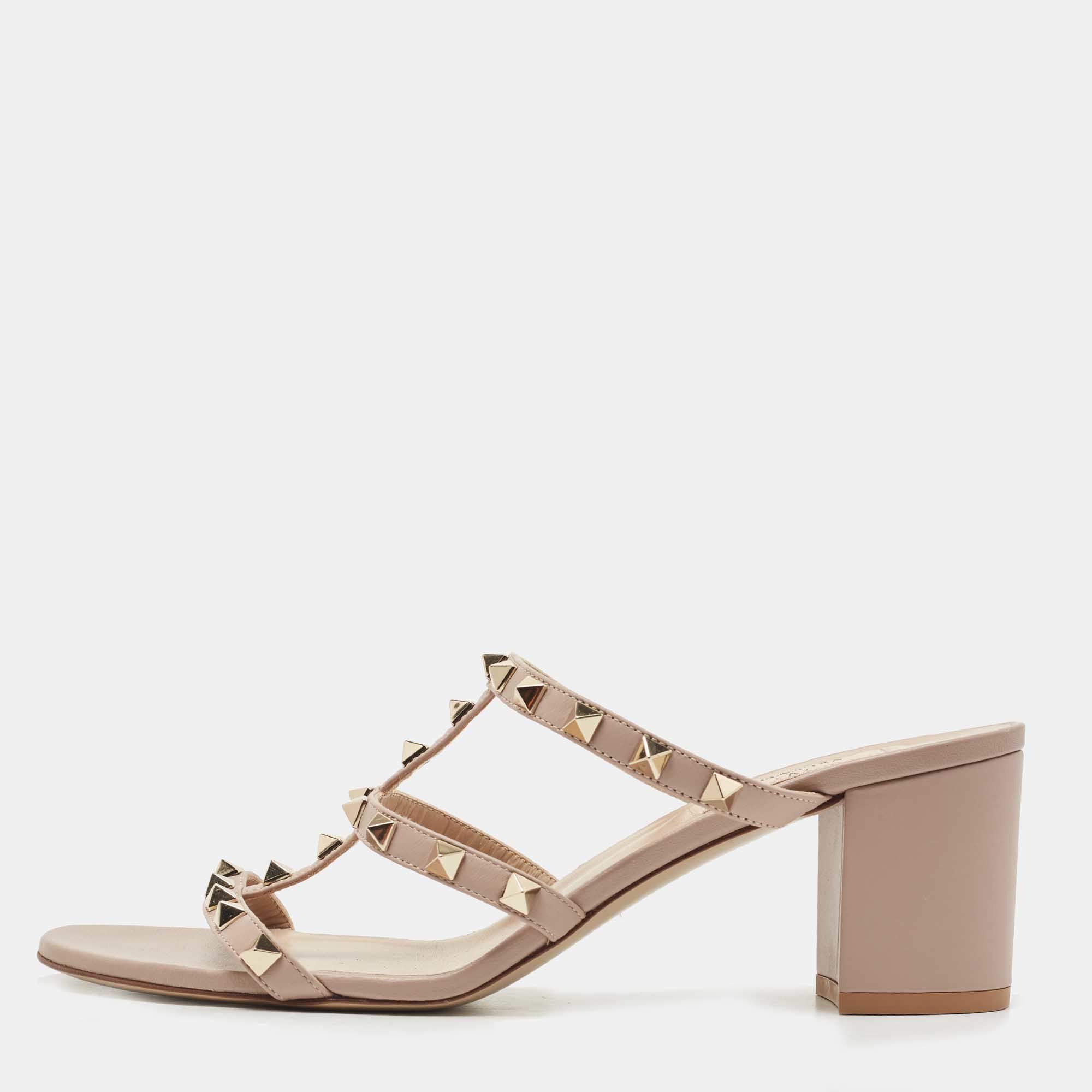 Pre Owned Valentino Beige Leather Rockstud Slide Sandals Size 40.5