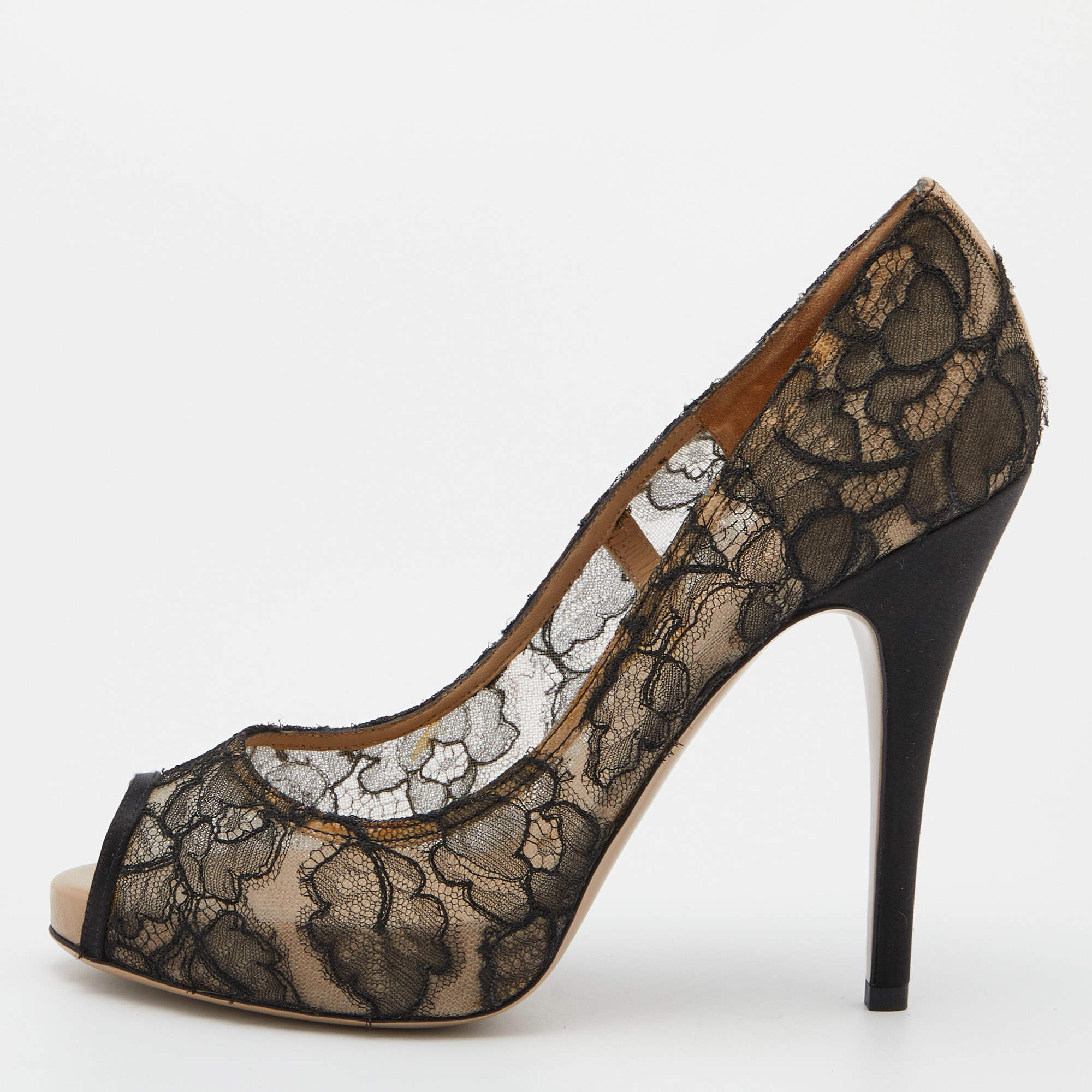 Pre Owned Valentino Black Lace and Satin Peep Toe Pumps 39