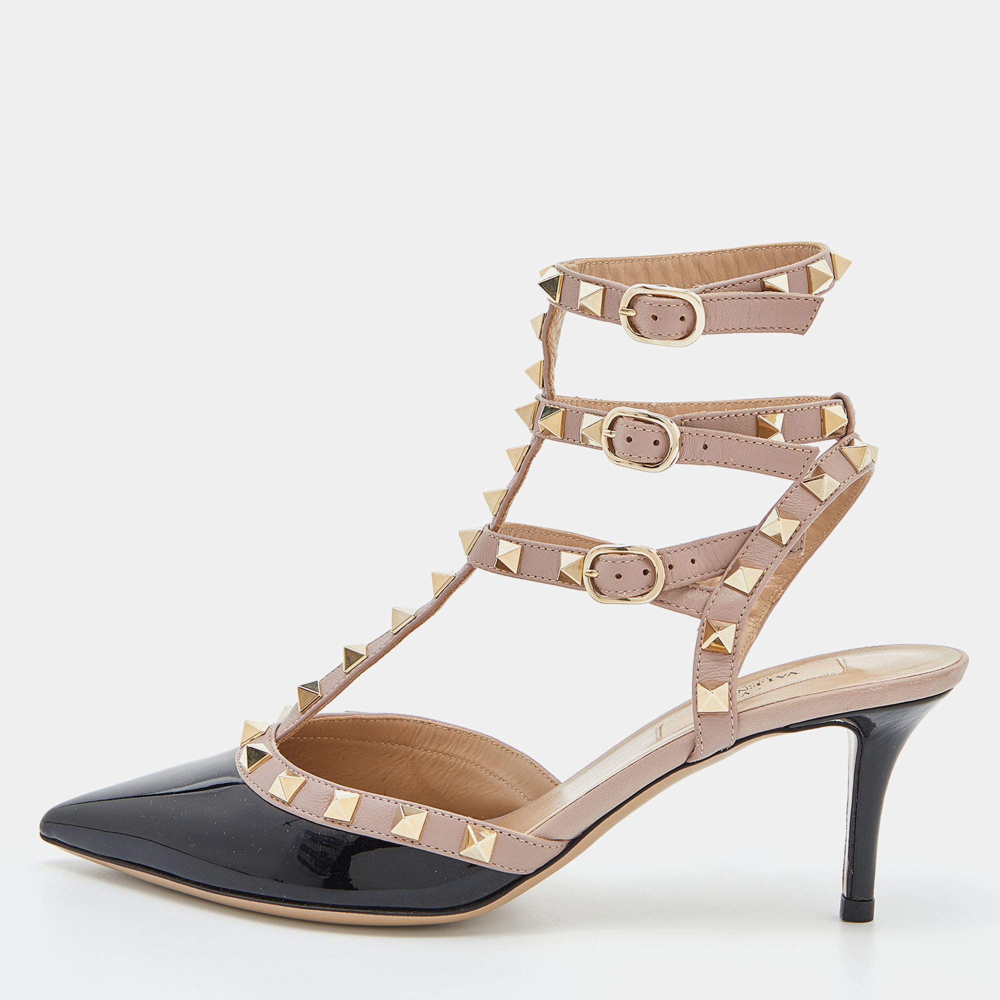 Pre Owned Valentino Black/Pink Patent Leather Rockstud Caged Ankle Strap Pumps Size 38