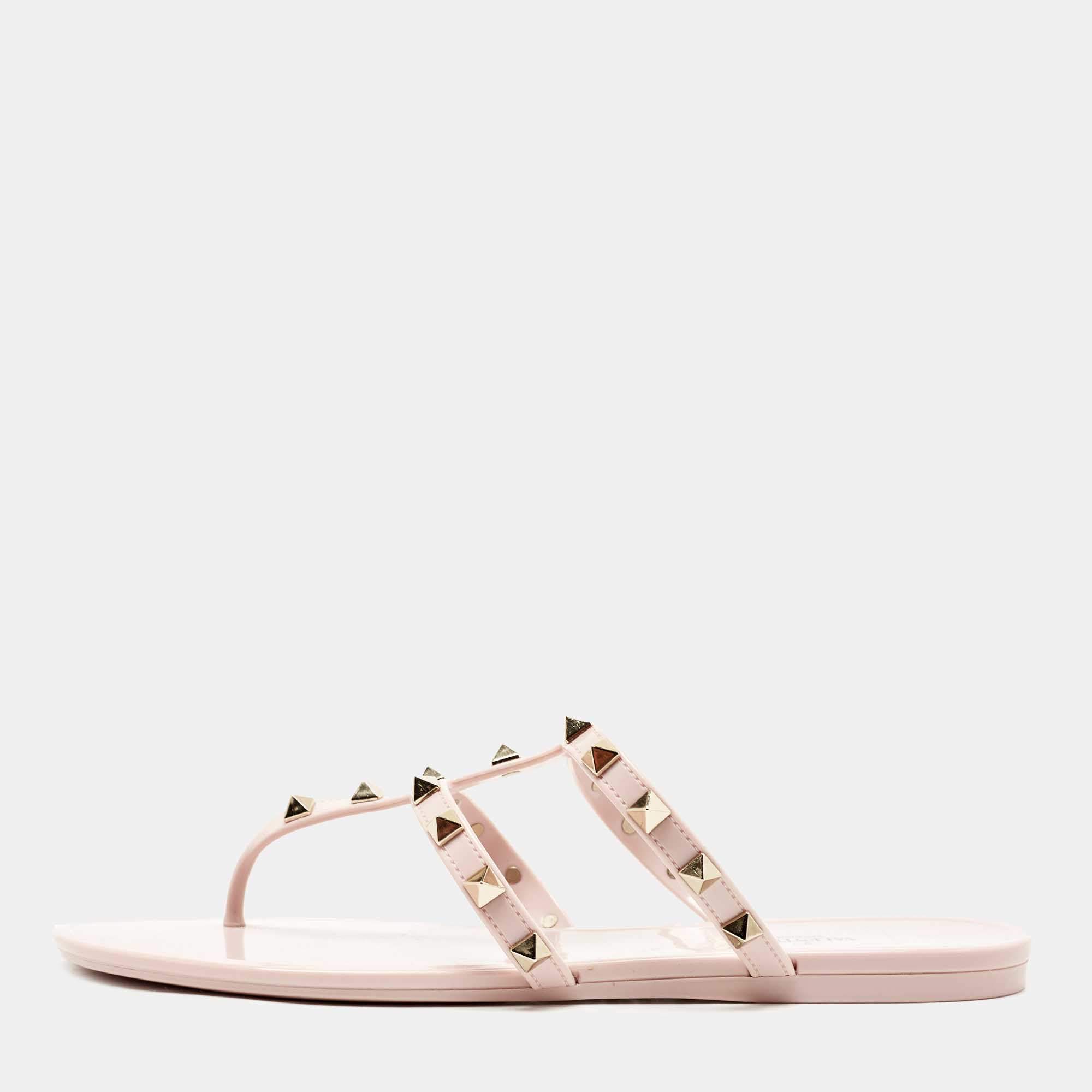 Pre Owned Valentino Pink Rubber Rockstud Thong Flat Slides Size 39