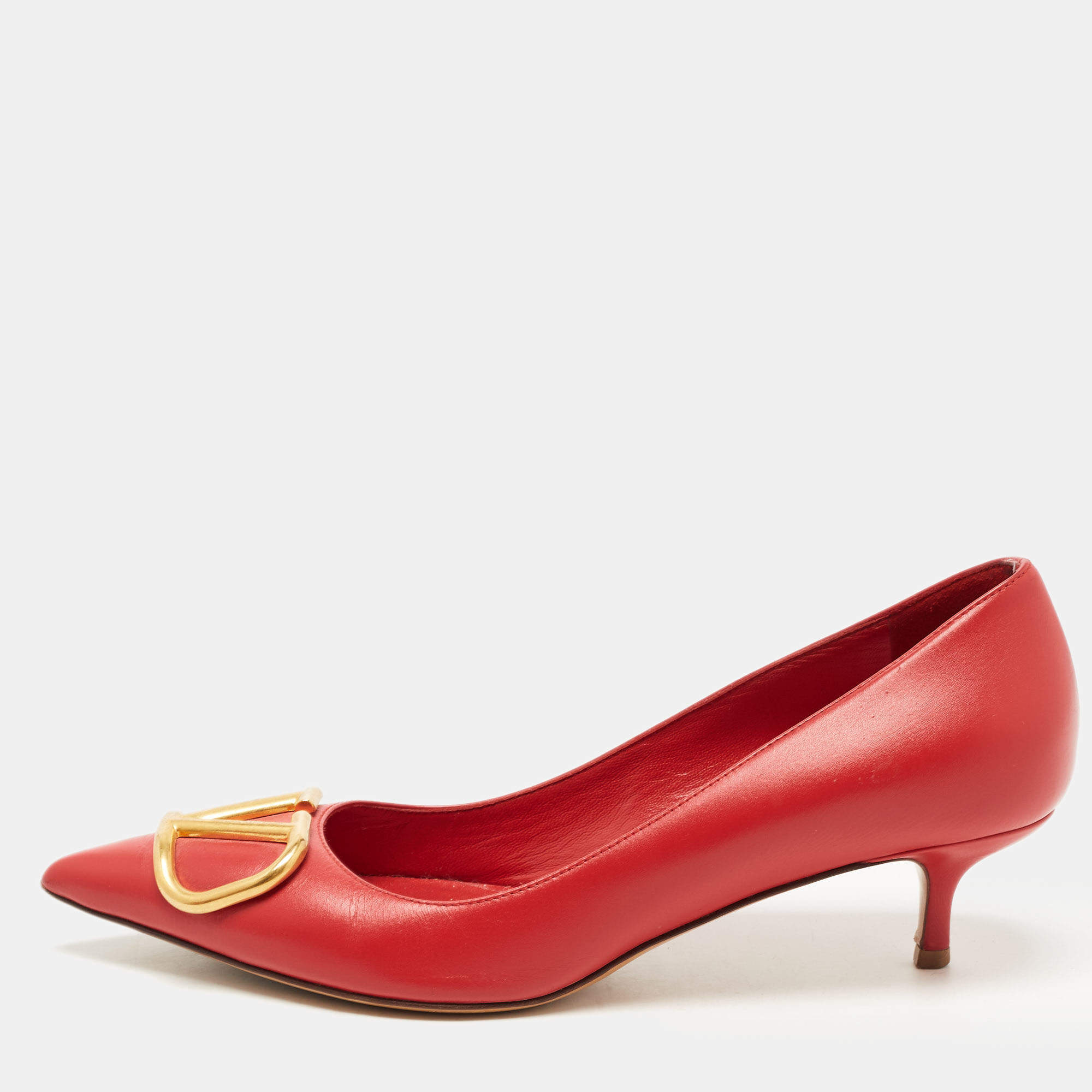 Pre Owned Valentino Red Leather V Logo Pumps Size 37.5