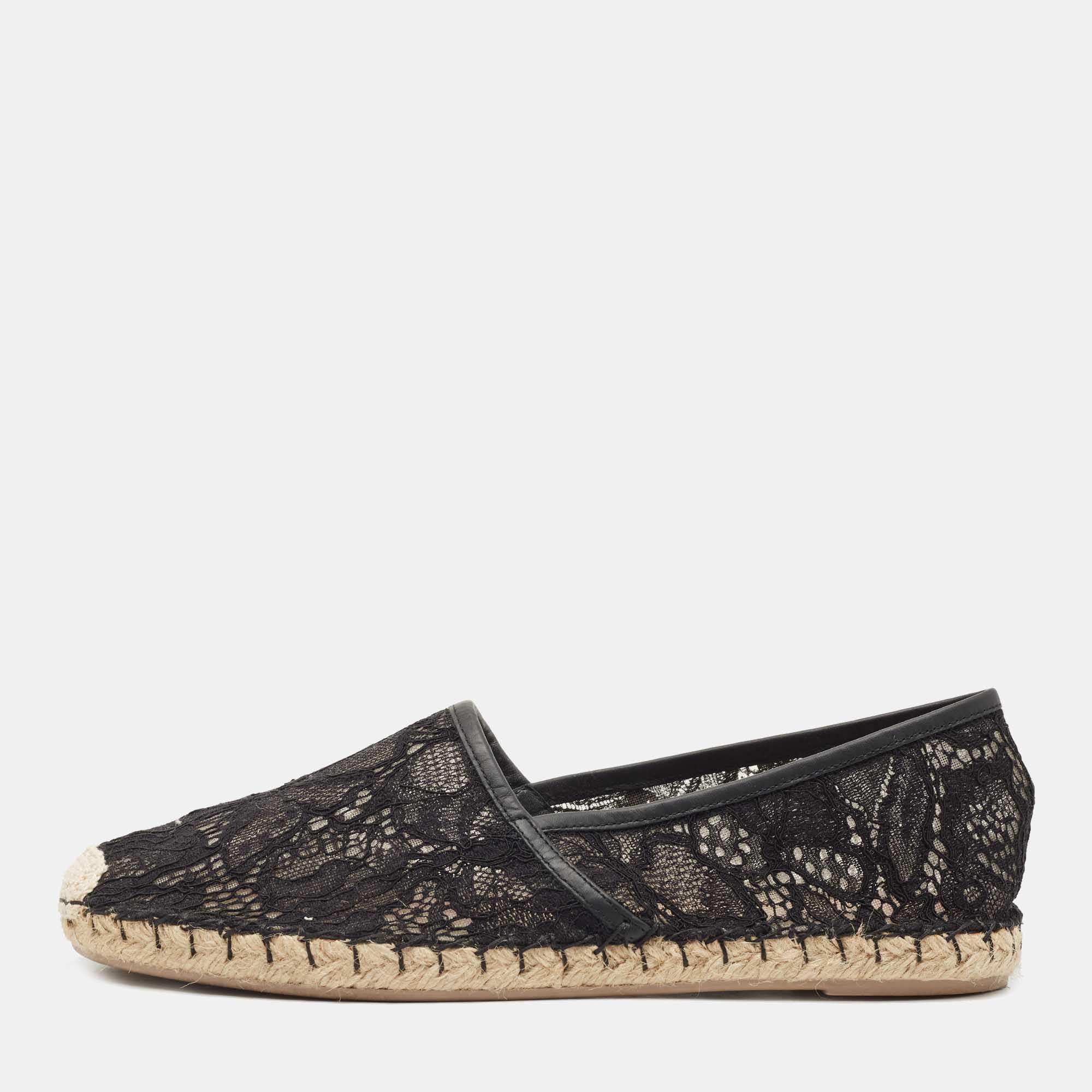 Pre Owned Valentino Black Lace and Leather Butterfly Espadrille Flats Size 41