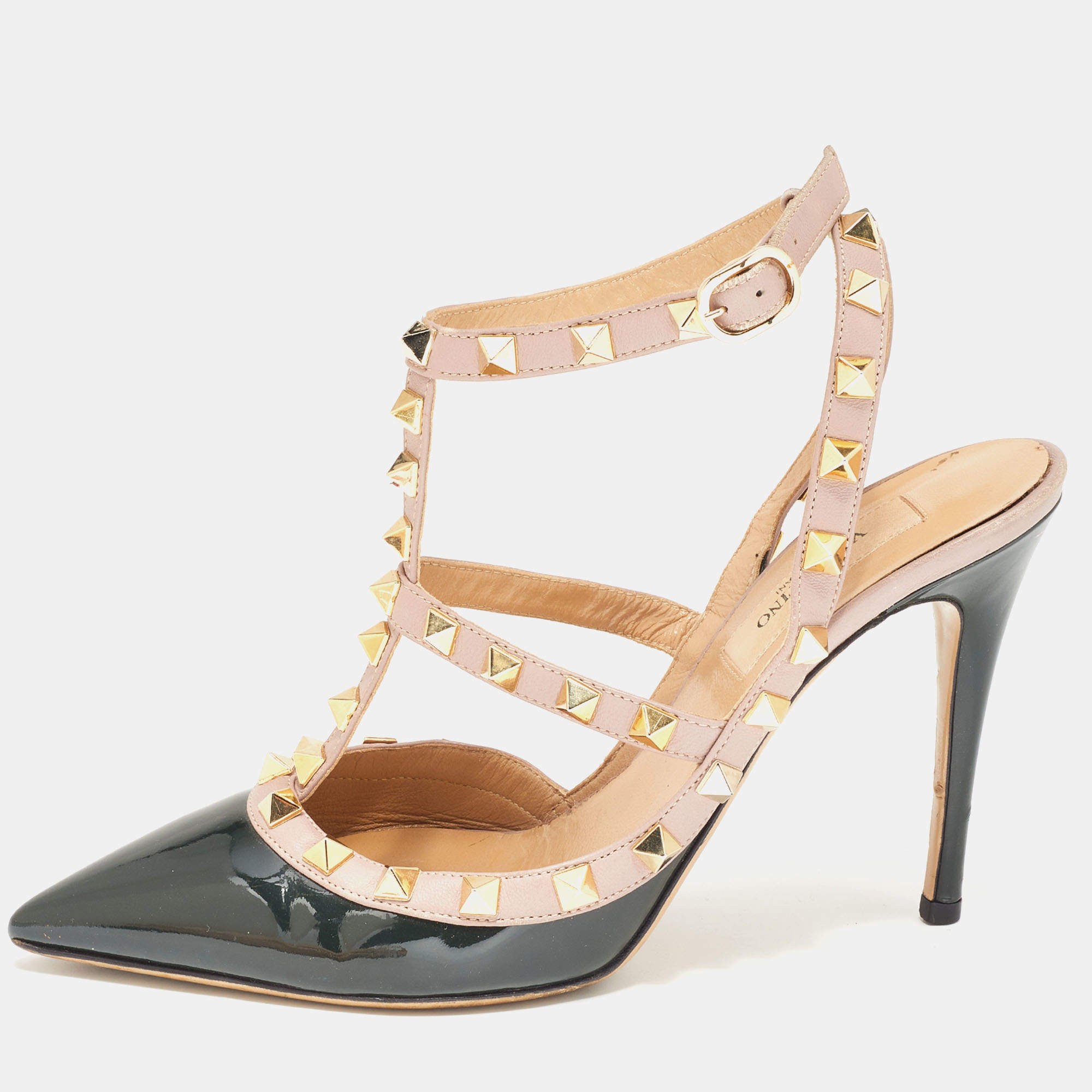 Pre Owned Valentino Green/Pink Patent Leather Rockstud Strappy Pointed Toe Pumps Size 36