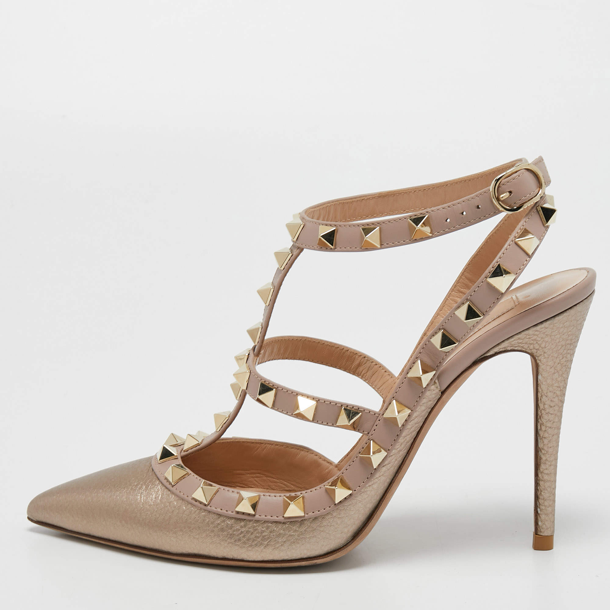 Pre Owned Valentino Metallic Dusty Pink Leather Rockstud Ankle Strap Pumps Size 37